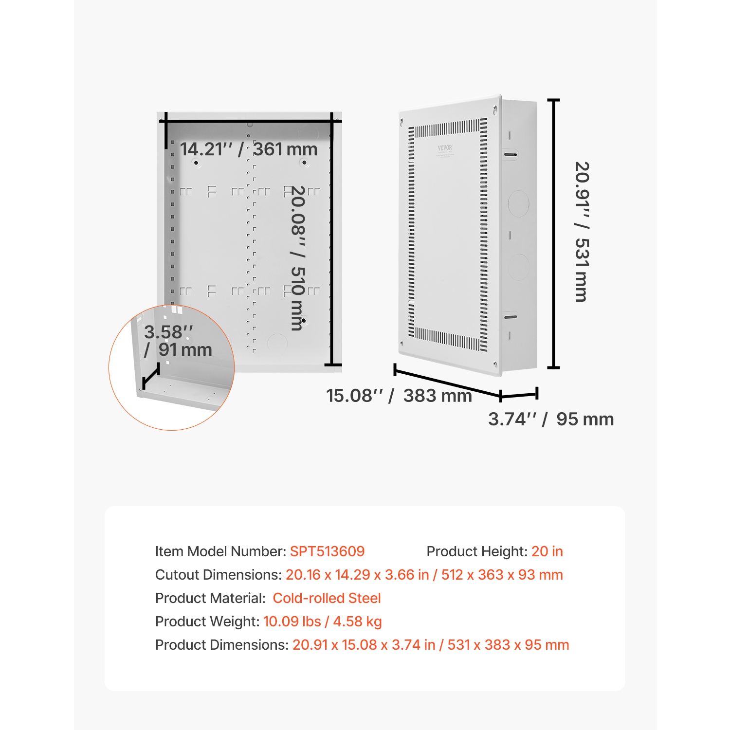 Boîtier multimédia structuré VEVOR de 20&nbsp;po, boîtier multimédia encastré avec couvercle, trousse de gestion de câbles mural, armoire multimédia,