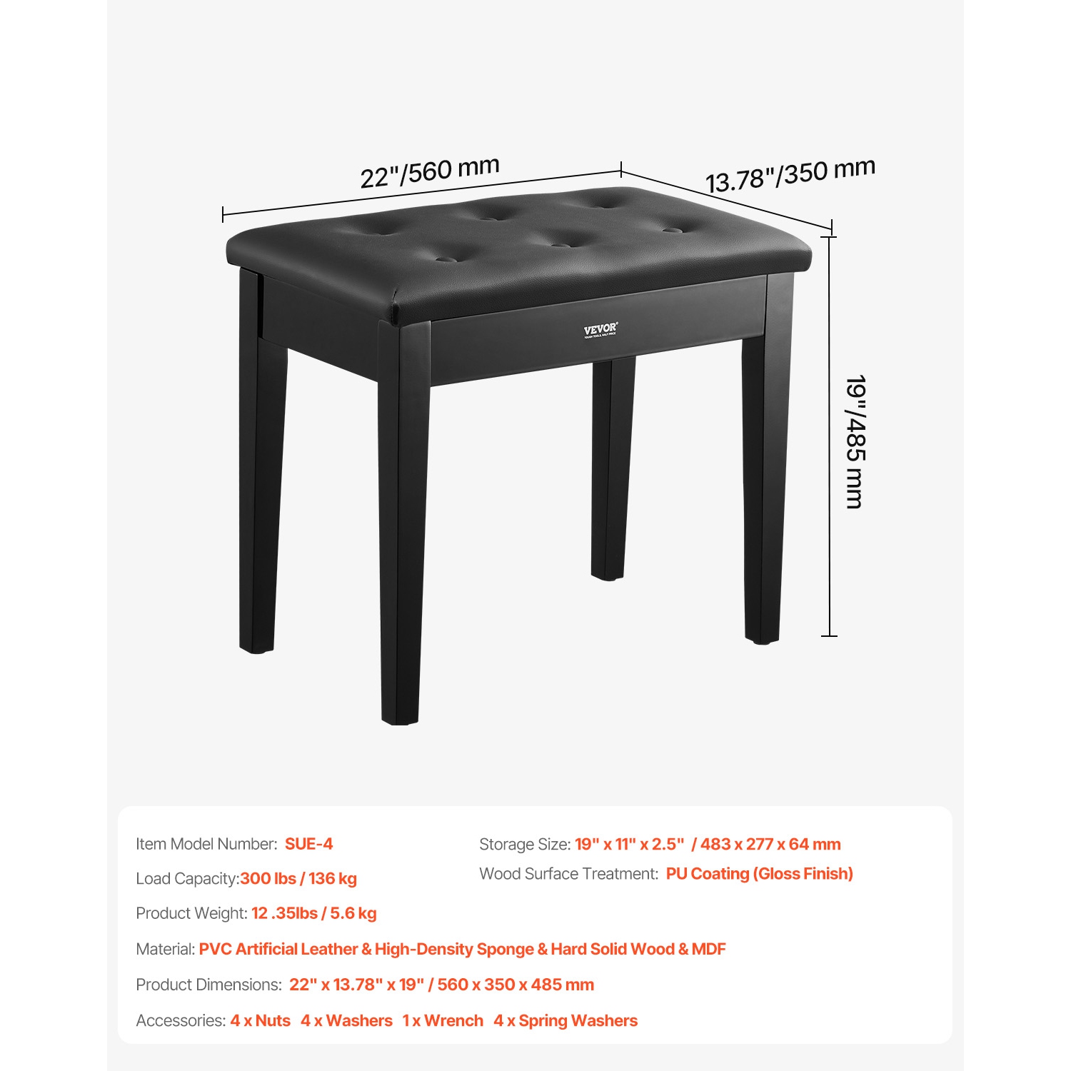 VEVOR 22" x 13.78" x 19" Piano Bench, Keyboard Piano Chair with High-Density Padded Cushion, Storage Compartment for Music Books, Wooden Piano Seat,