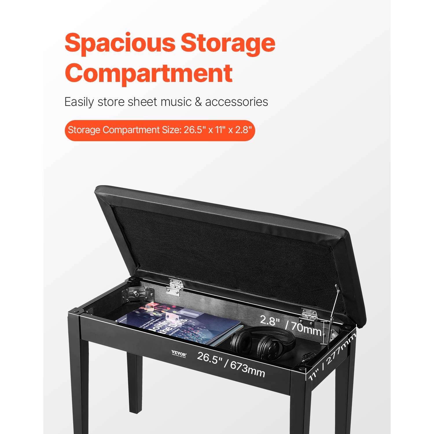 Banc à piano VEVOR de 29,5 x 14 x 19&nbsp;po, fauteuil piano Duet avec coussin rembourré haute densité, compartiment de rangement pour livres de