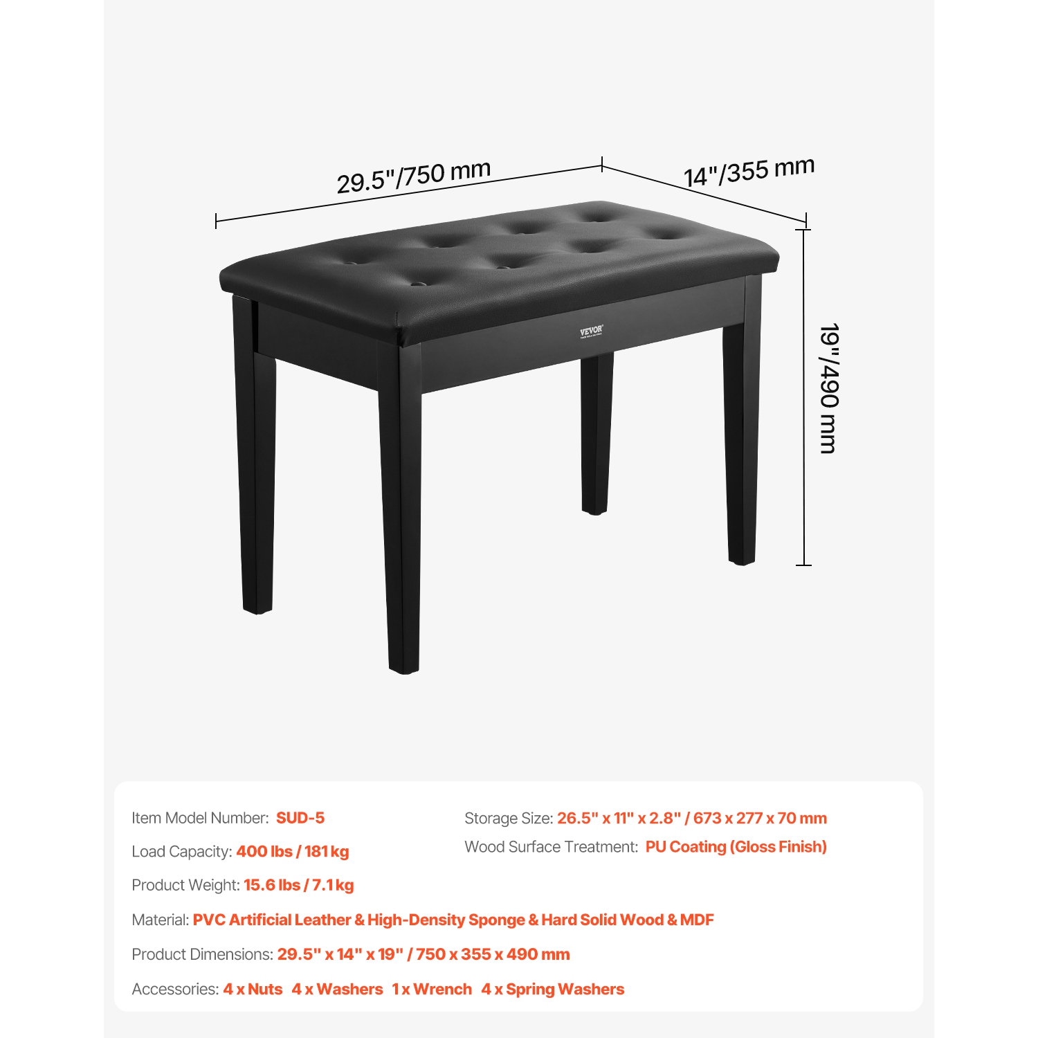 Banc à piano VEVOR de 29,5 x 14 x 19&nbsp;po, fauteuil piano Duet avec coussin rembourré haute densité, compartiment de rangement pour livres de
