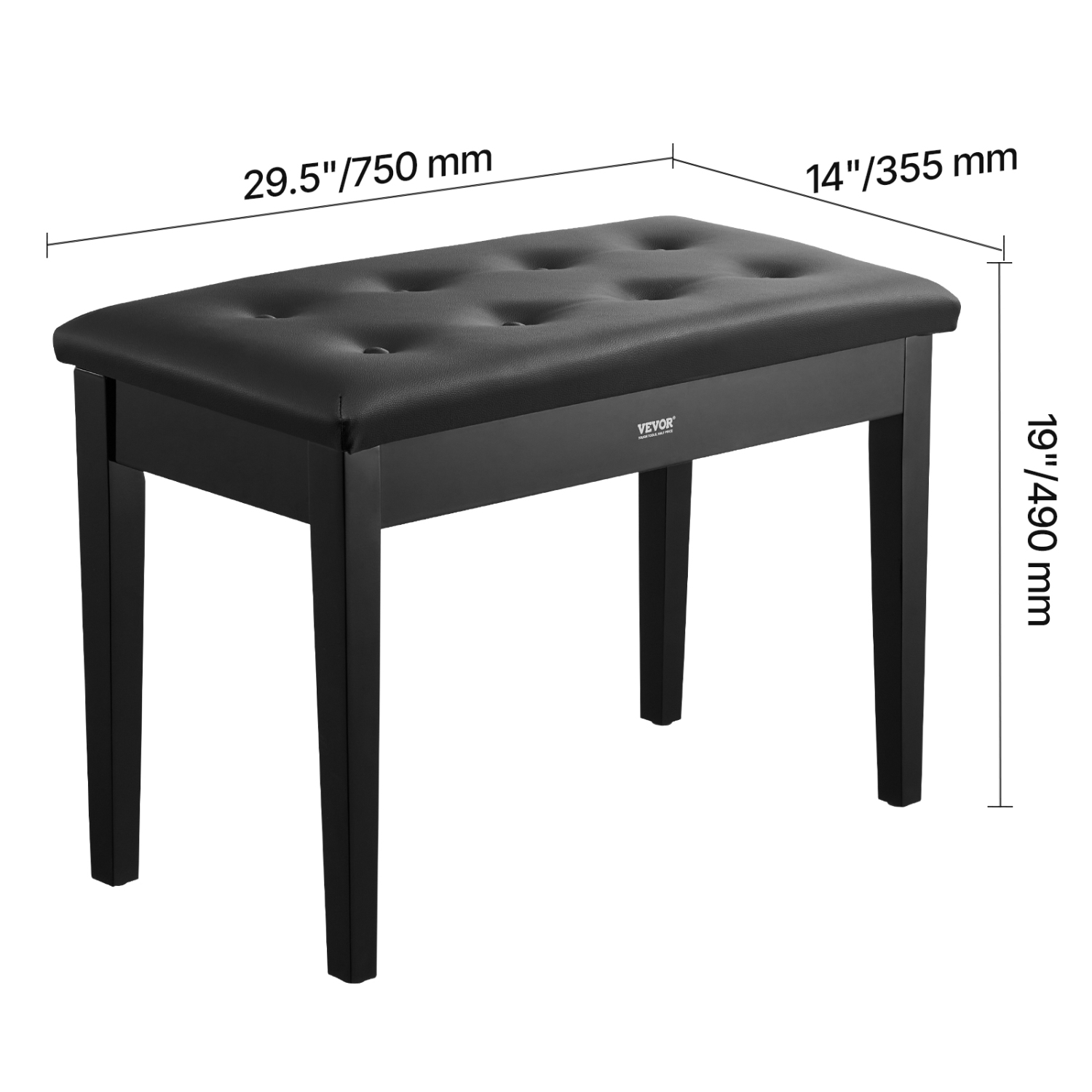 Banc à piano VEVOR de 29,5 x 14 x 19&nbsp;po, fauteuil piano Duet avec coussin rembourré haute densité, compartiment de rangement pour livres de