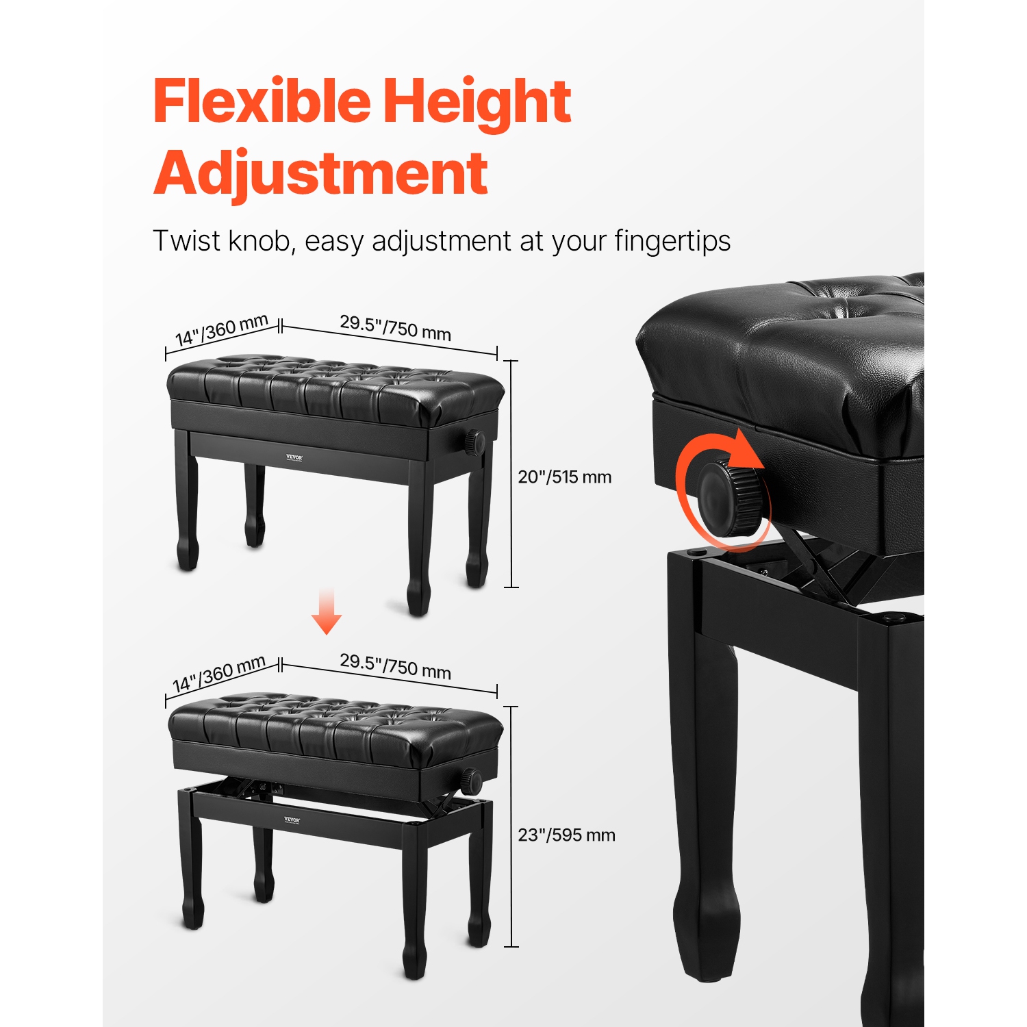 VEVOR 29.5"x14"x20.3" Piano Bench, Duet Keyboard Piano Chair with 20.3"-23.4" Height, Padded Cushion, Storage Compartment for Music Books, Wooden