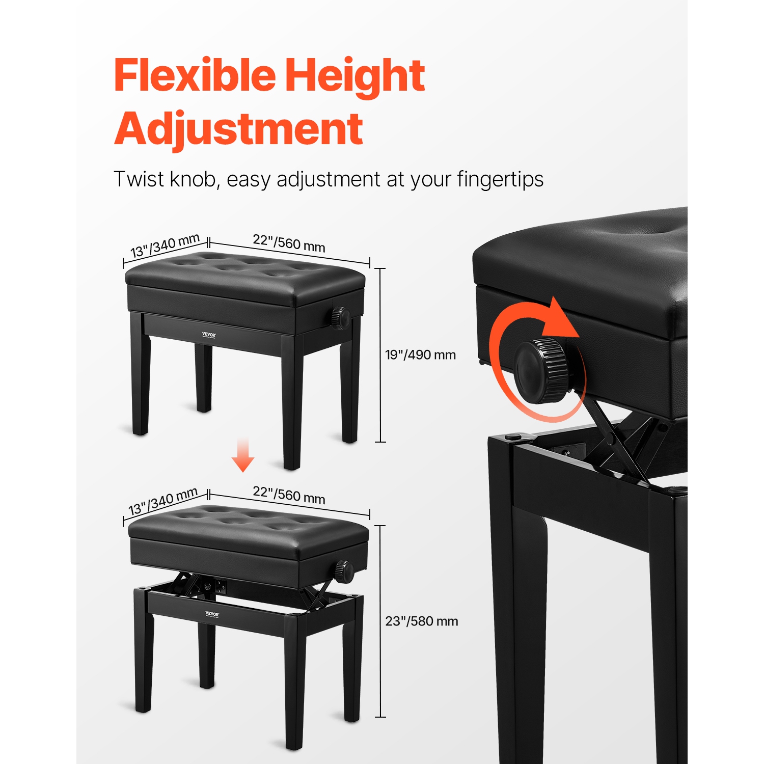 Banc à piano VEVOR de 22 x 13 x 19,3", chaise piano clavier de 19,3" à 22,8", coussin rembourré, compartiment de rangement pour livres de musique,