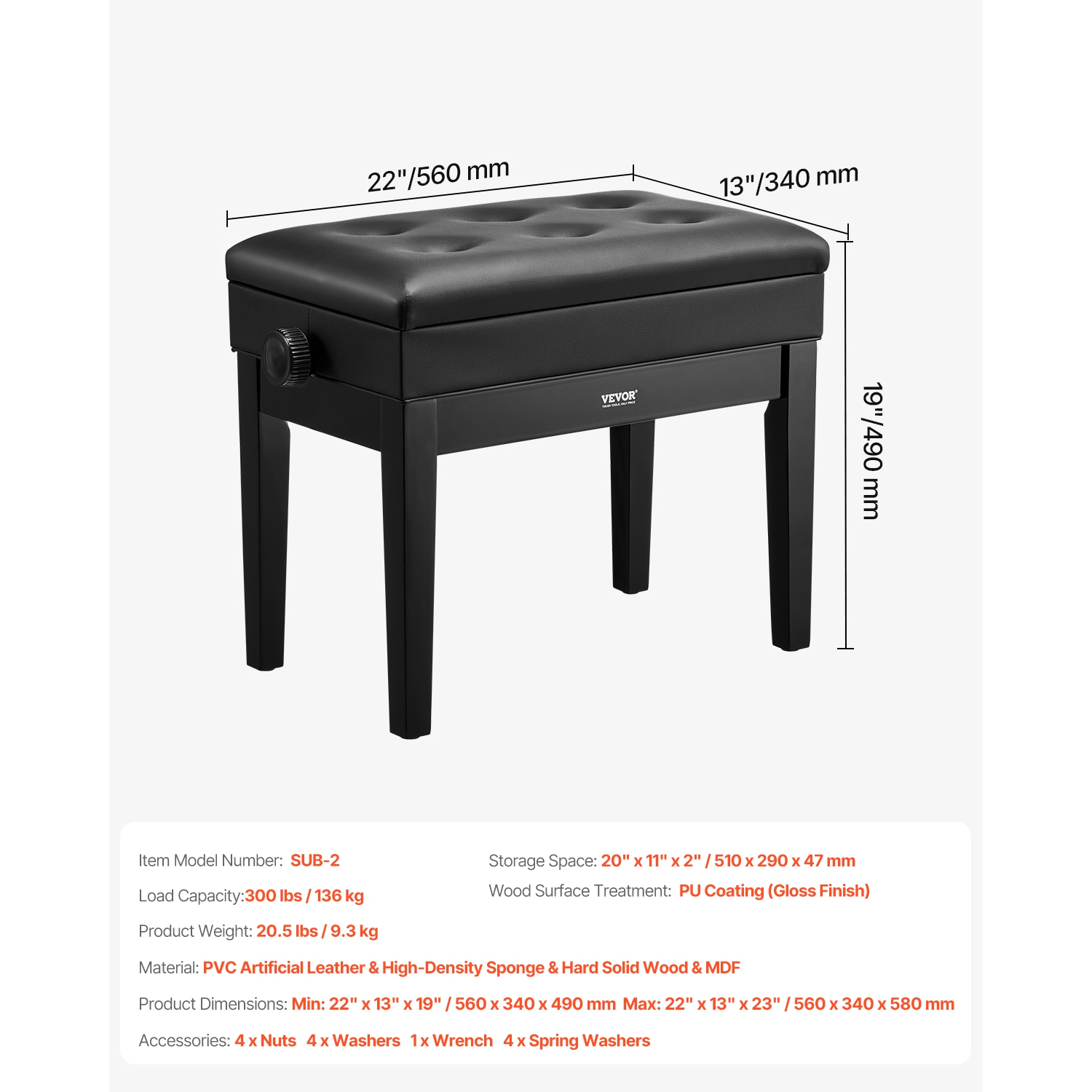 Banc à piano VEVOR de 22 x 13 x 19,3", chaise piano clavier de 19,3" à 22,8", coussin rembourré, compartiment de rangement pour livres de musique,