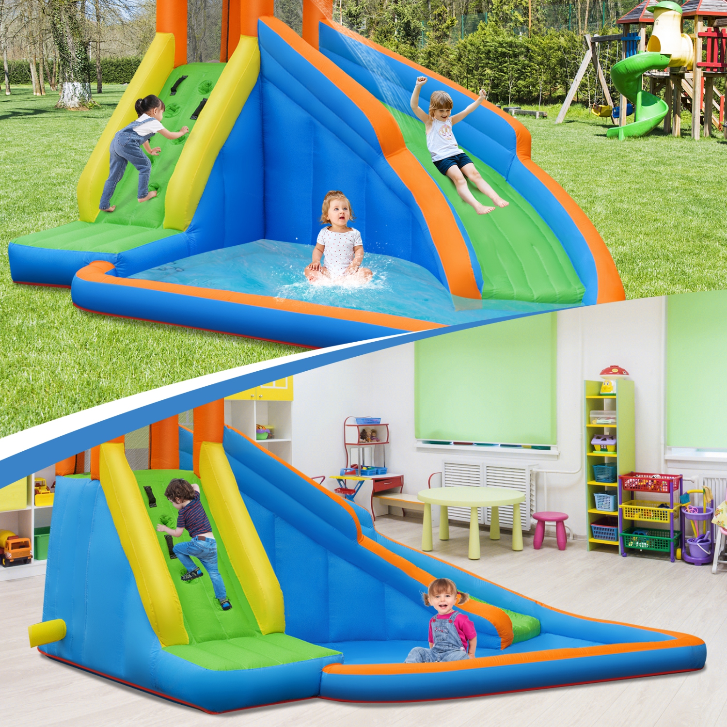 Gymax Inflatable Water Park Bounce House Climbing Wall Splash Pool w/ 480W Blower Outdoor