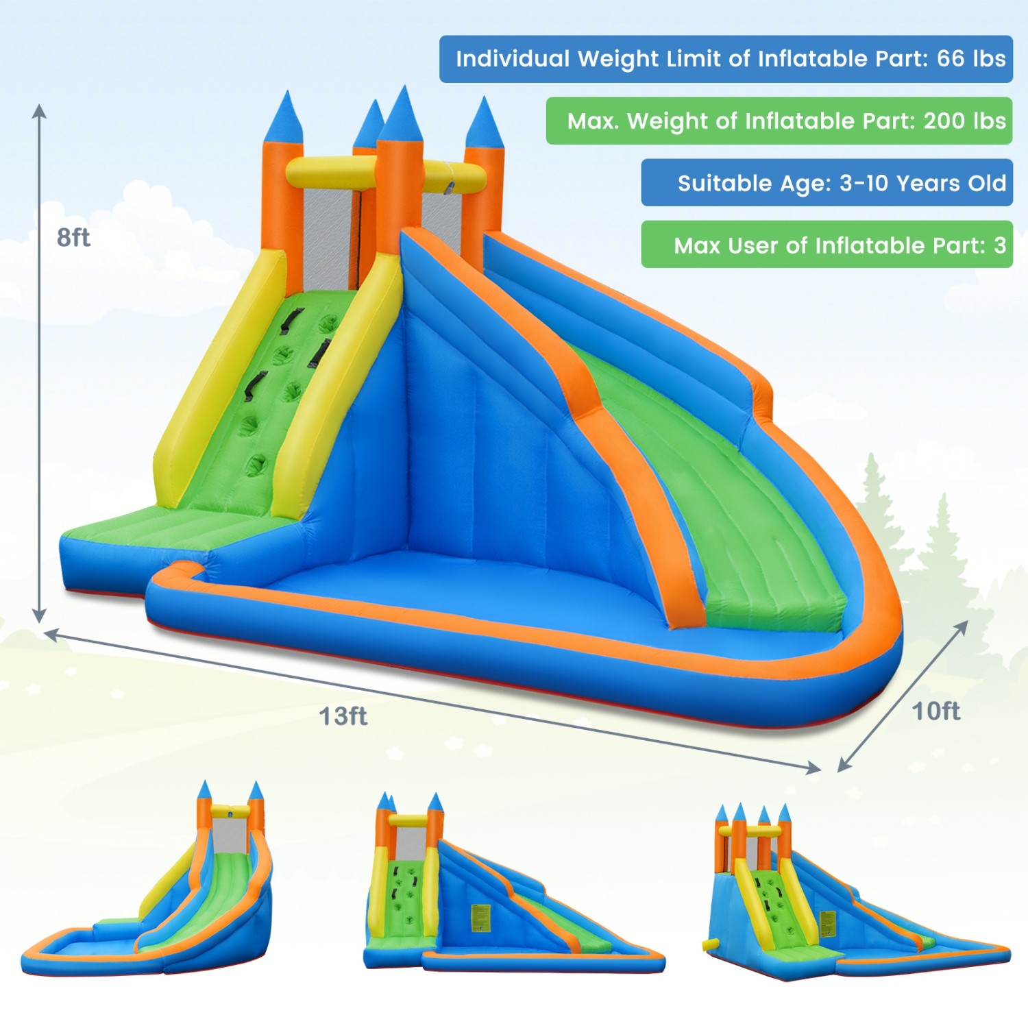 Gymax Inflatable Water Park Bounce House Climbing Wall Splash Pool w/ 480W Blower Outdoor