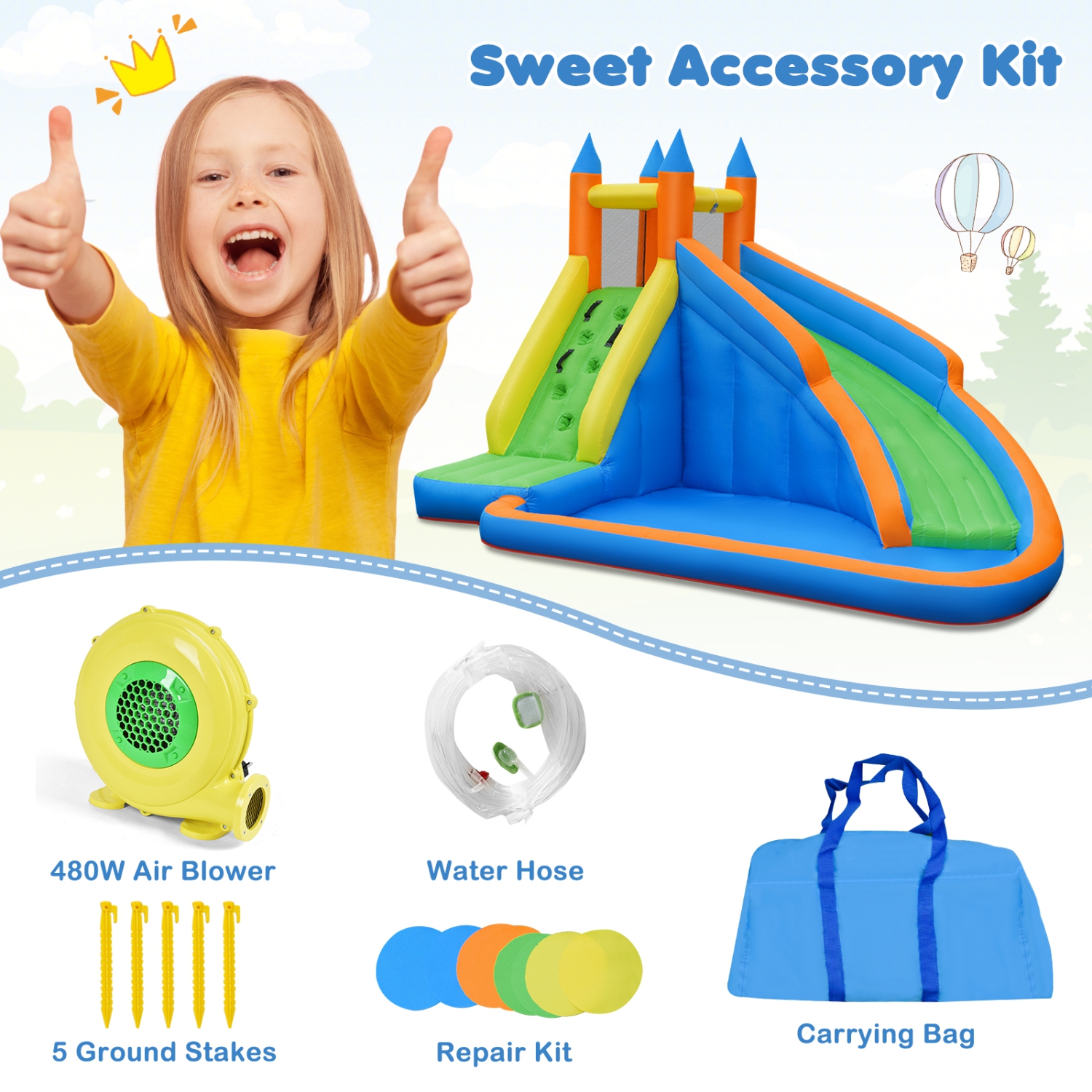 Gymax Inflatable Water Park Bounce House Climbing Wall Splash Pool w/ 480W Blower Outdoor