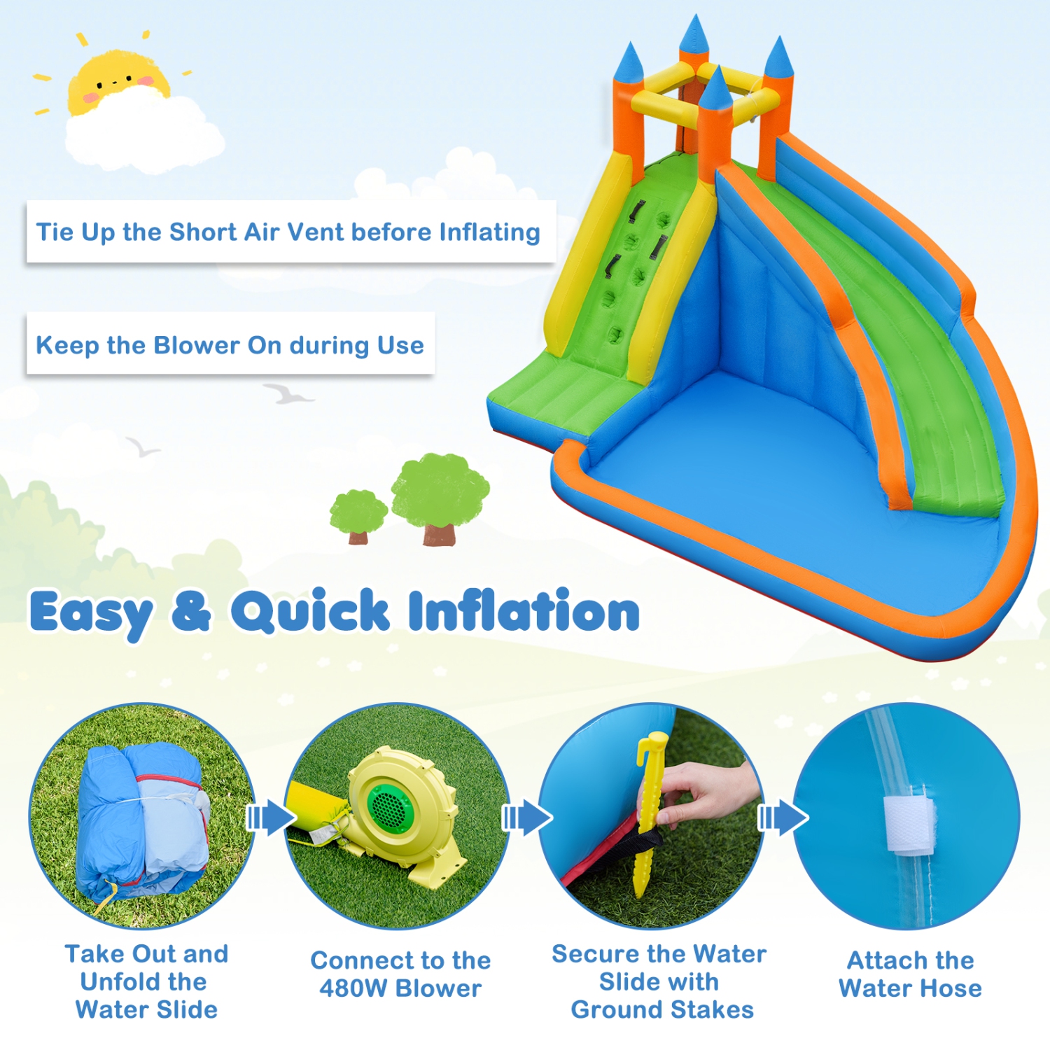 Gymax Inflatable Water Park Bounce House Climbing Wall Splash Pool w/ 480W Blower Outdoor