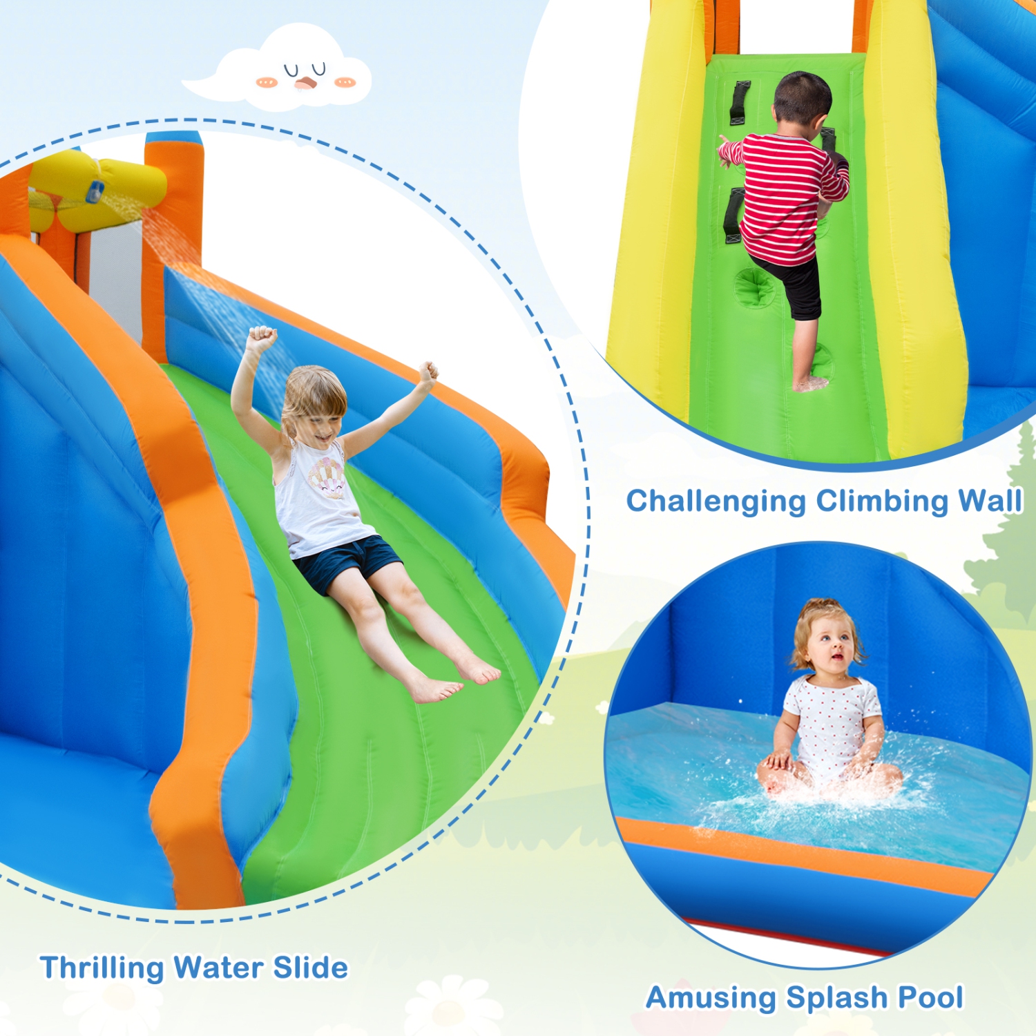 Gymax Inflatable Water Park Bounce House Climbing Wall Splash Pool w/ 480W Blower Outdoor
