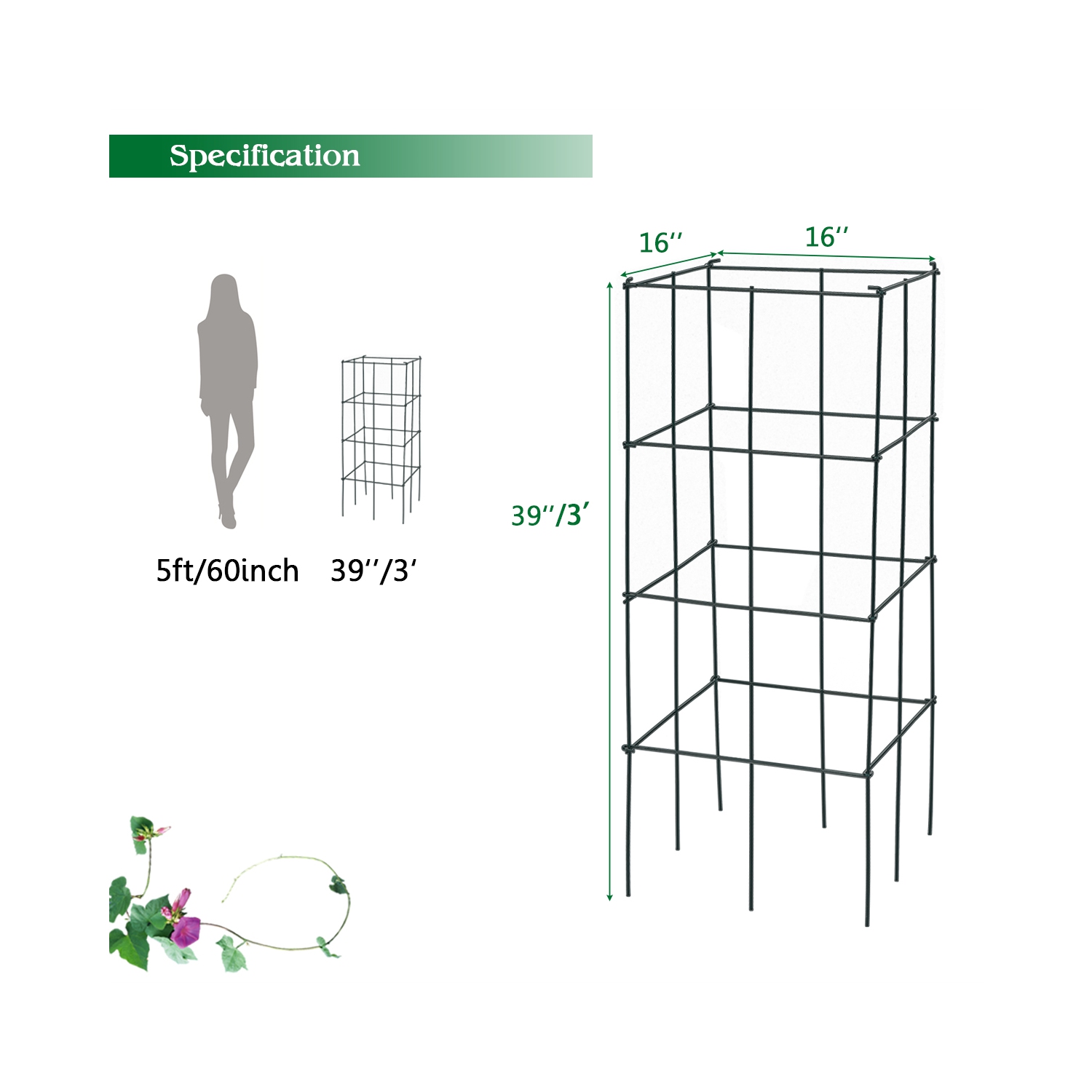 Gymax 8 Pack Tomato Cages Garden Cages Stakes Plant Trellis 16'' x 16'' x 39''