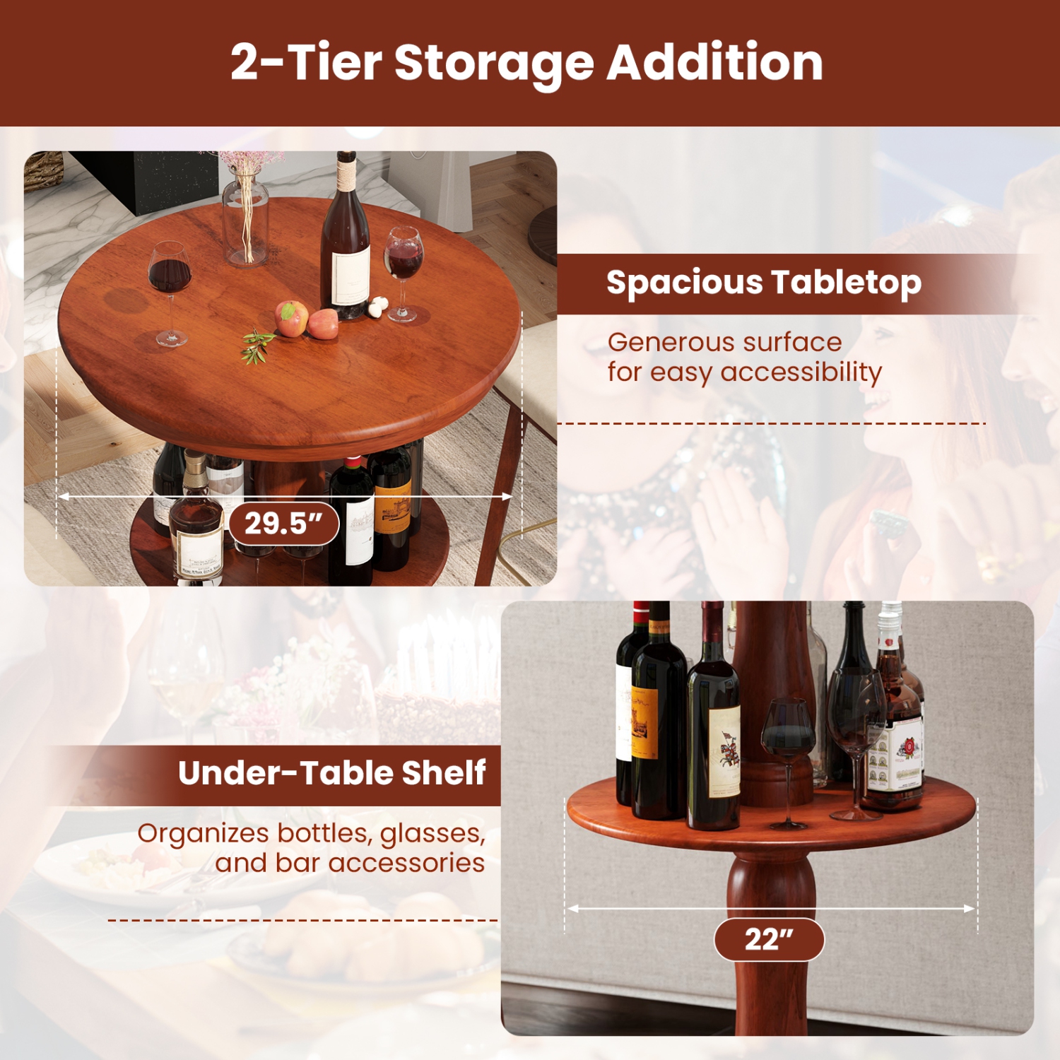 Gymax 2-Tier Round High Top Table w/ Storage Shelf & Pedestal Base for Kitchen