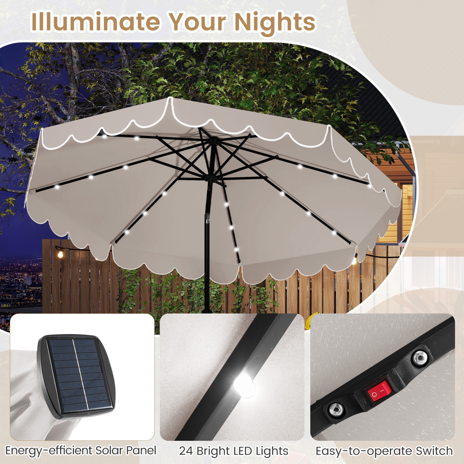 Gymax 10 FT Solar Patio Umbrella Outdoor Market Sunshade w/ 24 LED Lights