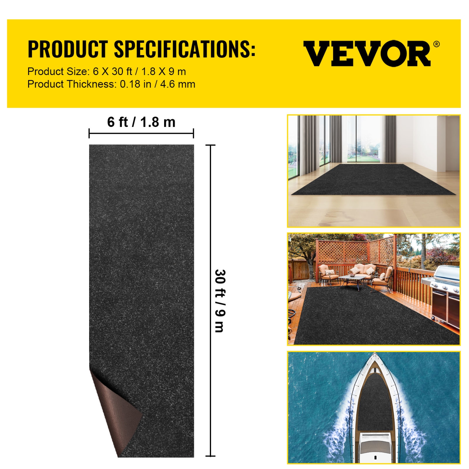 VEVOR 6x30 ft Marine Carpet, Charcoal Black Marine Grade Boat Carpet, Indoor/Outdoor Marine Carpeting with Water-proof TPR Backing, Water-proof