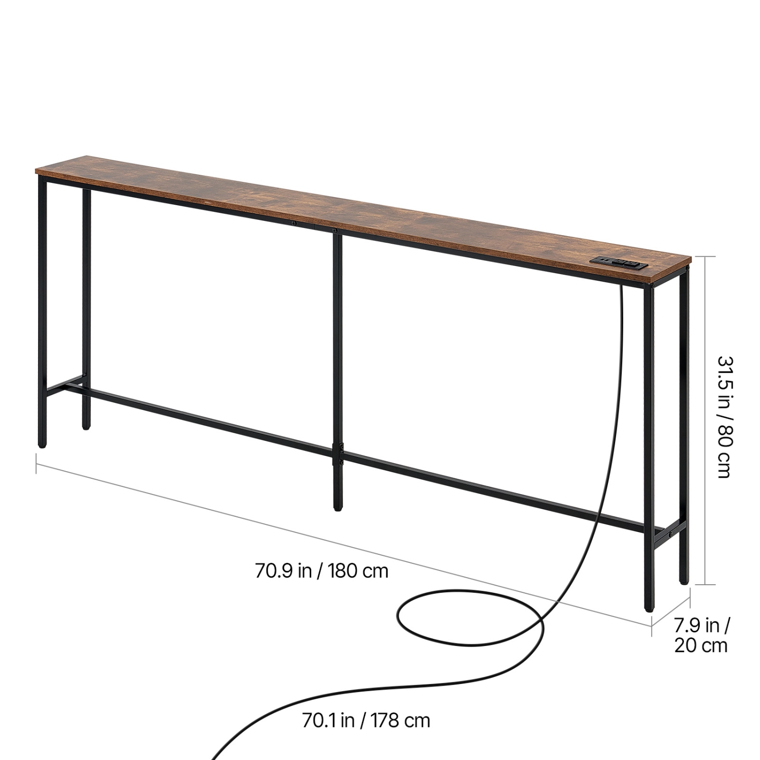 Console étroite VEVOR de 70,9&nbsp;po, derrière le canapé avec prises de courant, longue table d'entrée à 1 niveaux, cadre en métal et station de