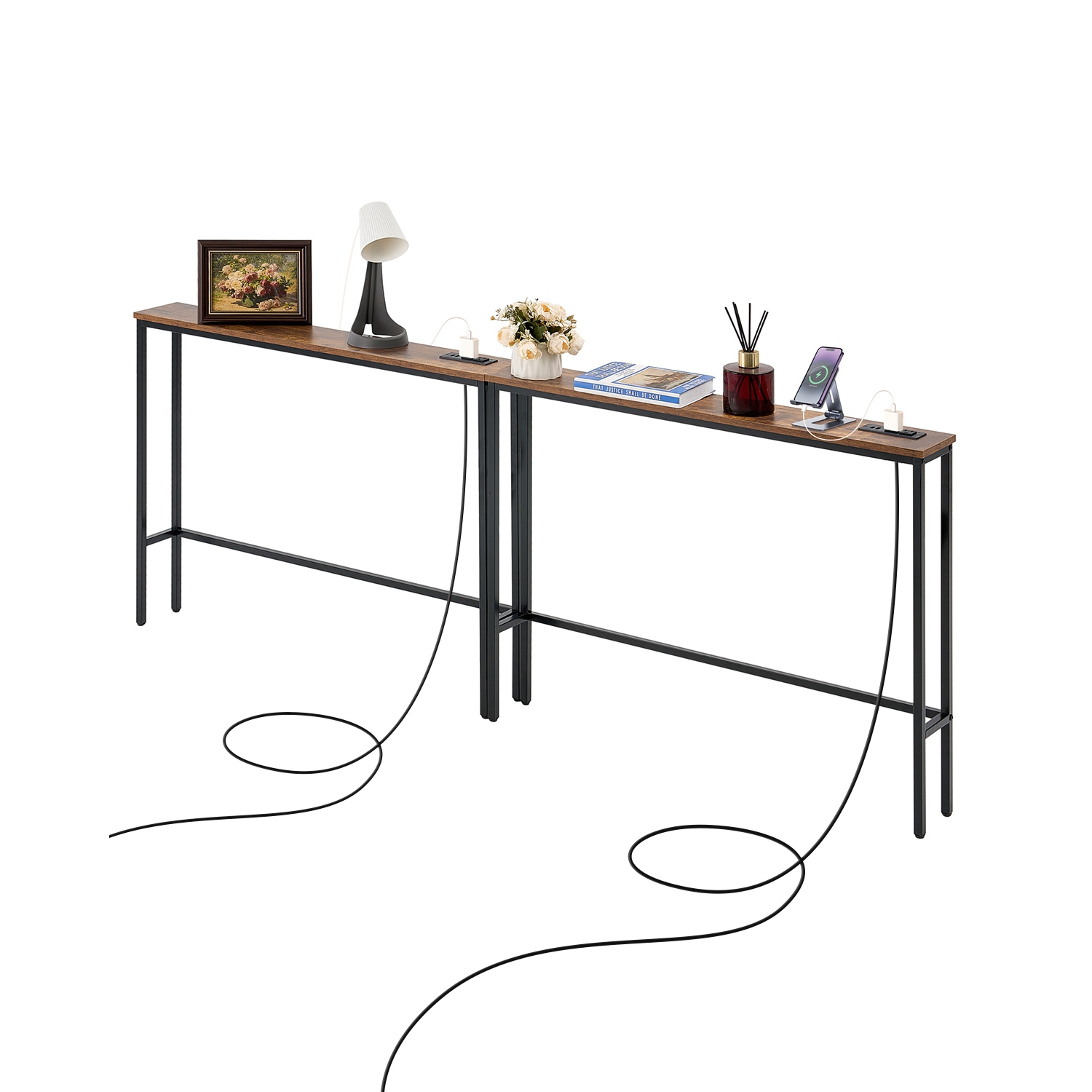 Ensemble de 2 consoles étroites VEVOR, table derrière canapé avec prises d'alimentation, table d'entrée longue à 1 niveaux avec cadre en métal et