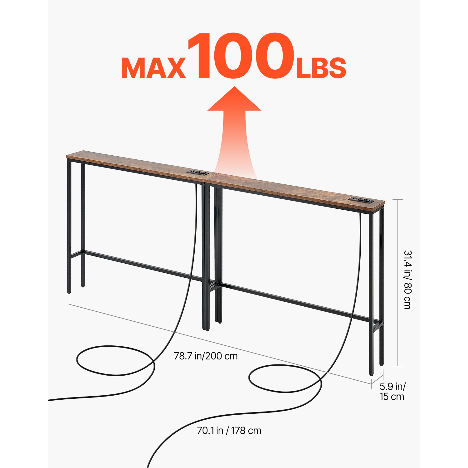 Ensemble de 2 consoles étroites VEVOR, table derrière canapé avec prises d'alimentation, table d'entrée longue à 1 niveaux avec cadre en métal et