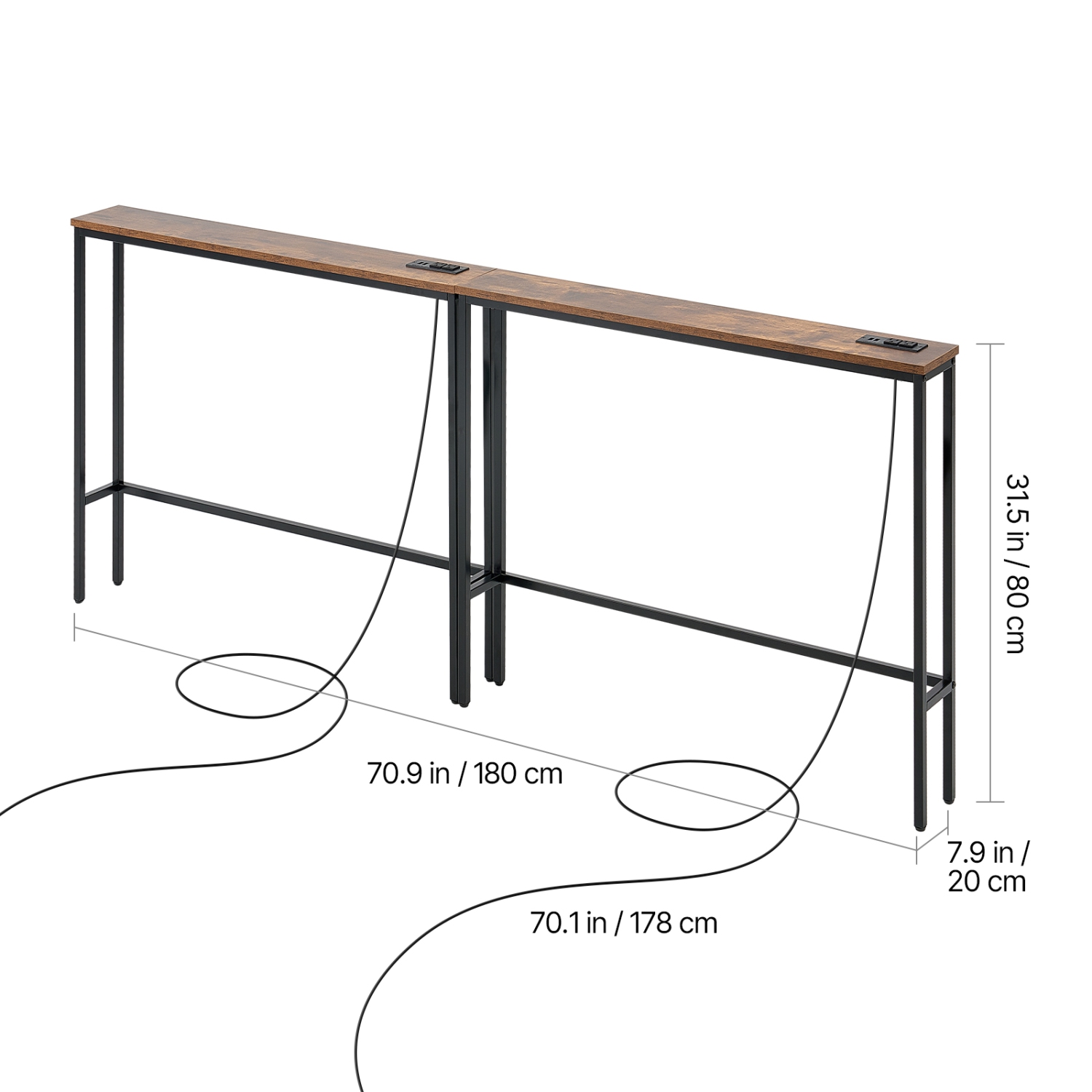 Ensemble de 2 consoles étroites VEVOR, table derrière canapé avec prises d'alimentation, table d'entrée longue à 1 niveaux avec cadre en métal et
