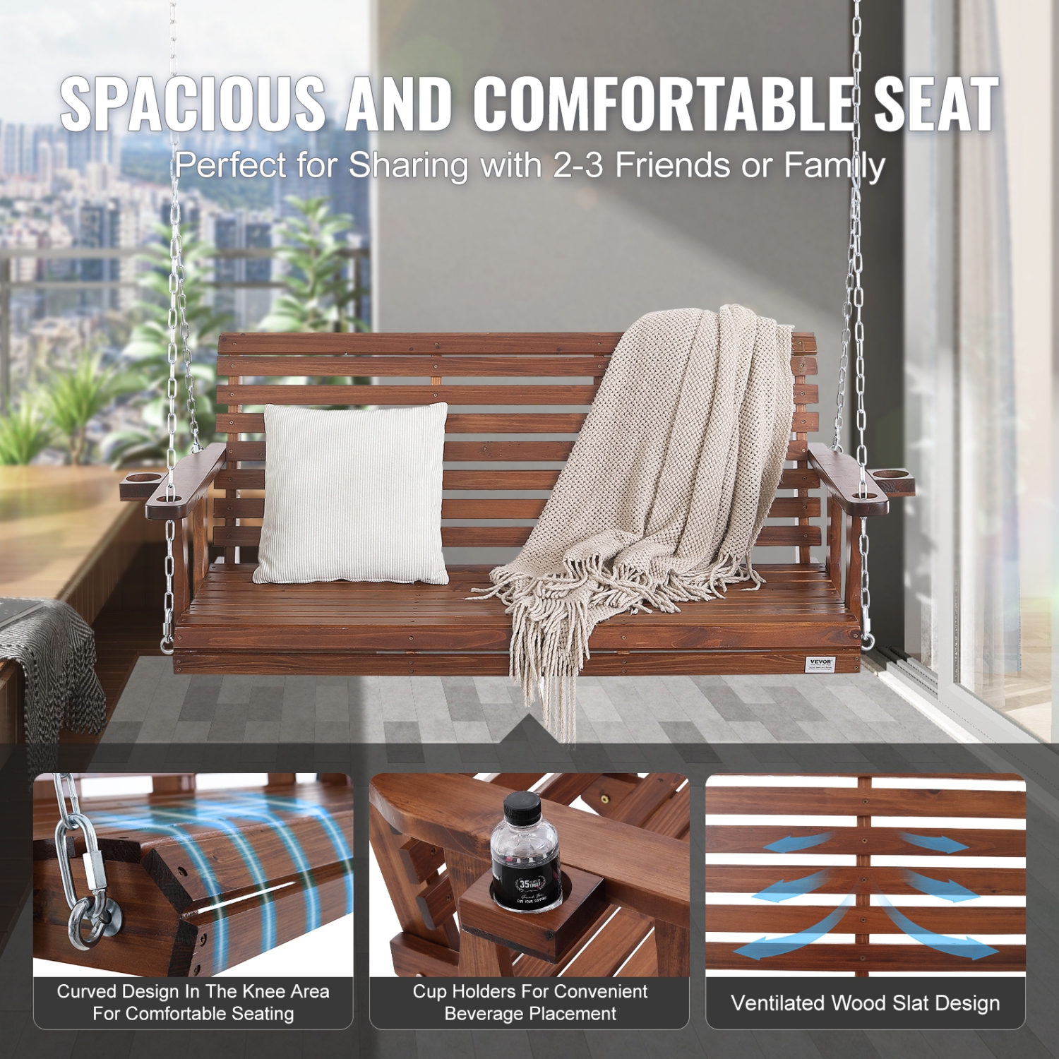 VEVOR 5.5ft Wooden Porch Swing, Patio bench swing for Courtyard & Garden, Upgraded 880lbs Strong Load Capacity, Heavy Duty Swing Chair Bench with