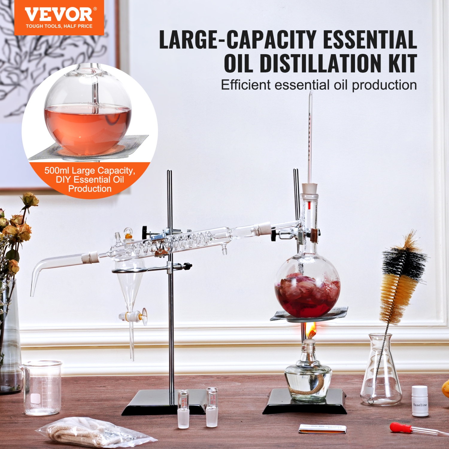 VEVOR 28 pcs Essential Oil Distillation Kit, 500ml Distillation Apparatus, 3.3 Boro Lab Glassware Distillation Kit with Alcohol Lamp, Ceramic Mesh