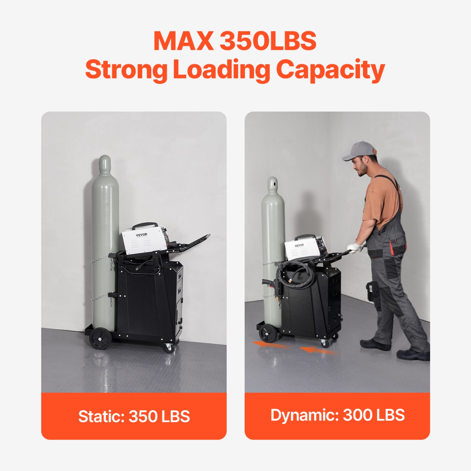 Chariot de soudage VEVOR à 2 tiroirs, robuste avec armoire verrouillable antivol, capacité statique de 350 lb, roues à 360°, chaînes de sécurité pour