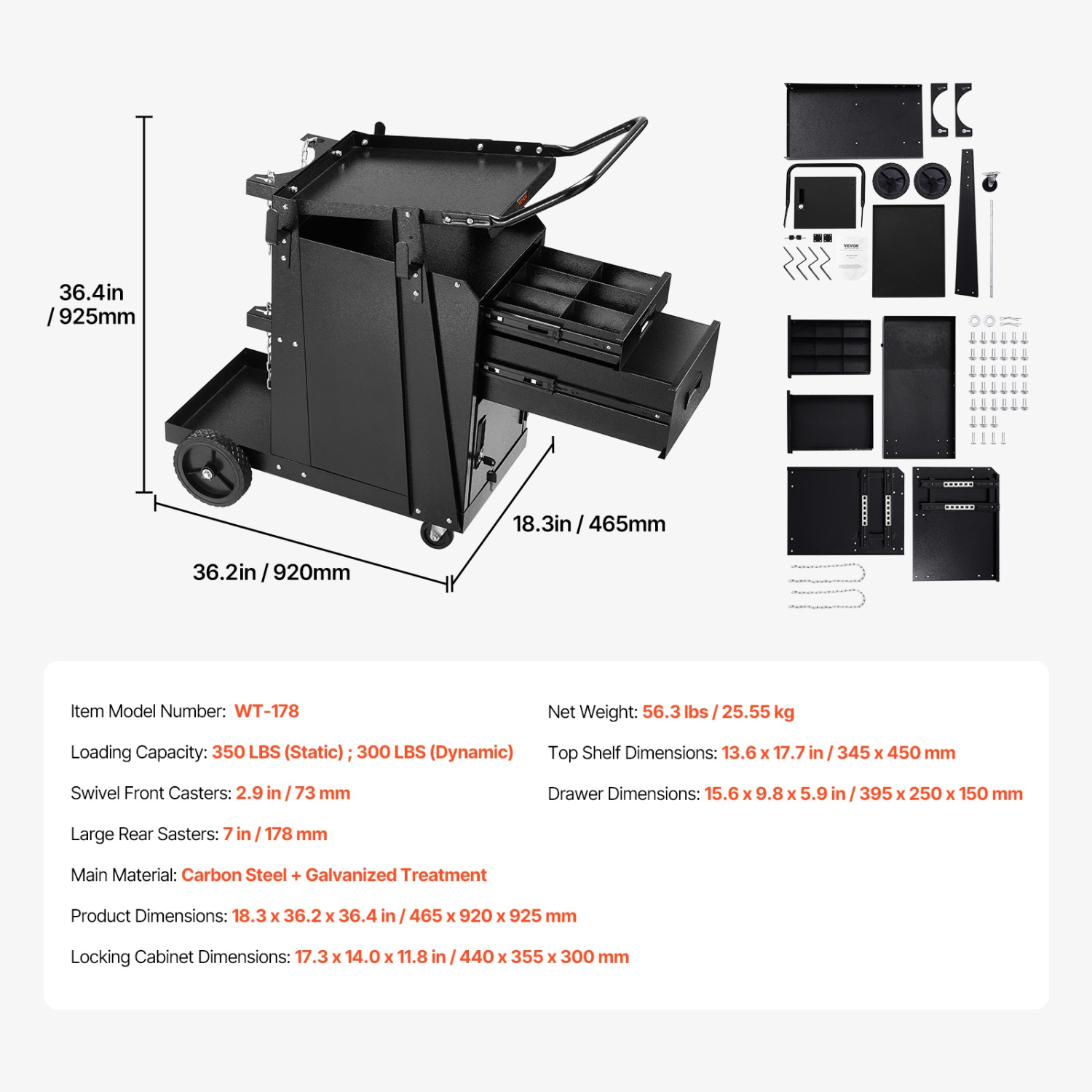 Chariot de soudage VEVOR à 2 tiroirs, robuste avec armoire verrouillable antivol, capacité statique de 350 lb, roues à 360°, chaînes de sécurité pour