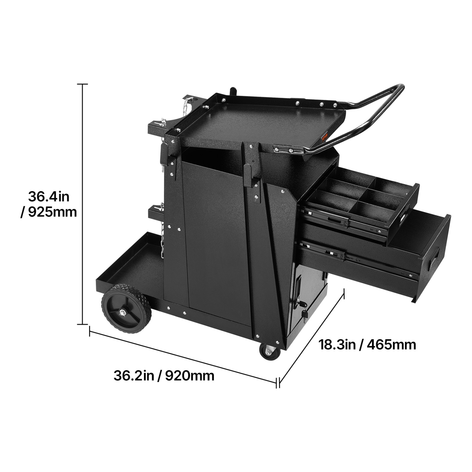 Chariot de soudage VEVOR à 2 tiroirs, robuste avec armoire verrouillable antivol, capacité statique de 350 lb, roues à 360°, chaînes de sécurité pour