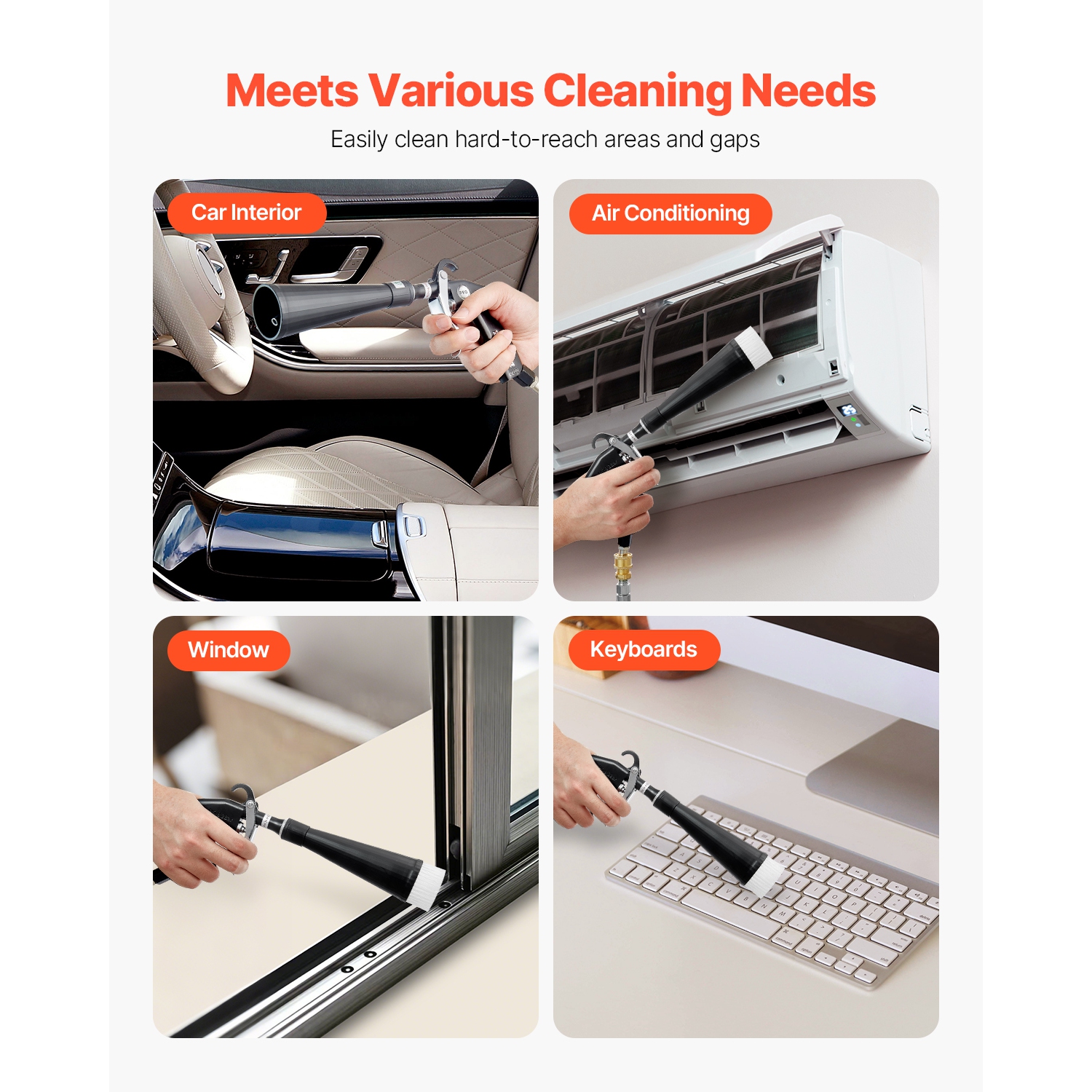 VEVOR 6-9.2 Bar Car Cleaning Gun, High-Pressure Blow Gun with 2-Set Nozzles, 360° Nozzle for Complete Cleaning, Blasts Dirt and Dust from Surface,