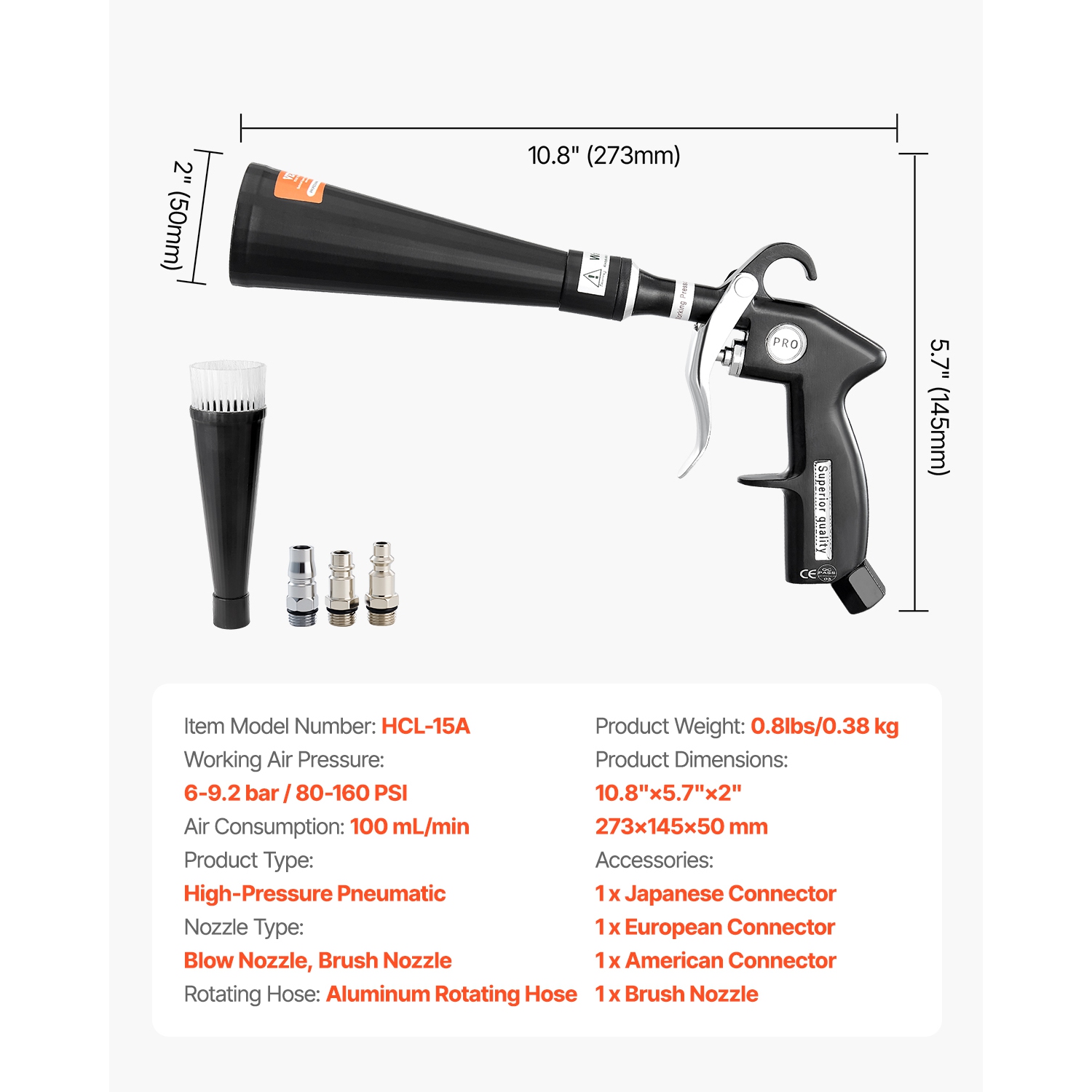 VEVOR 6-9.2 Bar Car Cleaning Gun, High-Pressure Blow Gun with 2-Set Nozzles, 360° Nozzle for Complete Cleaning, Blasts Dirt and Dust from Surface,