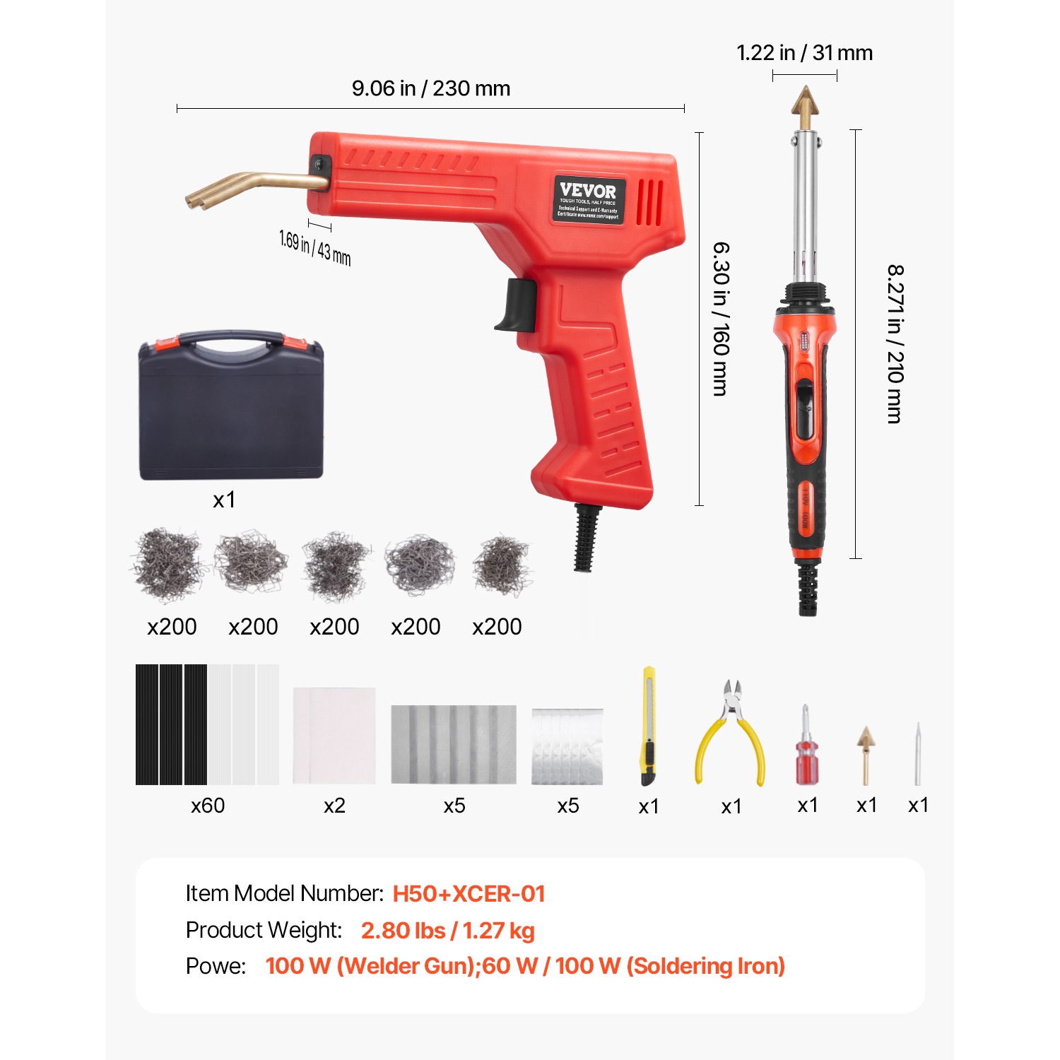 VEVOR 100W Plastic Welder Kit Deluxe, Welding Gun+60 W/100W Soldering Iron, Professional Welding Tool with 1000PCS Hot Staples & 60 Rods for Car