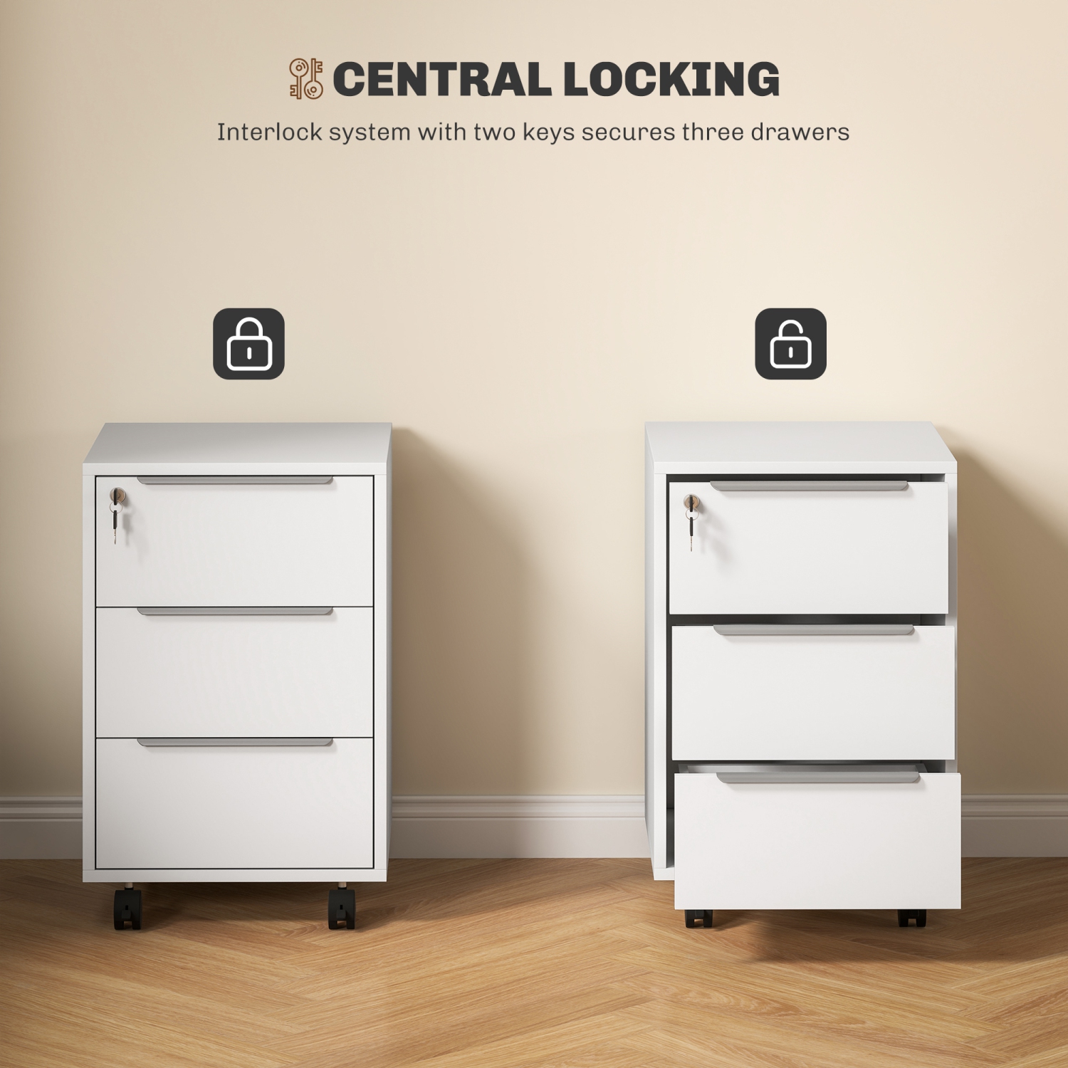 HOMCOM – Classeur vertical avec verrou, classeur à 3 tiroirs et roulettes, organisateur de bureau à domicile, blanc