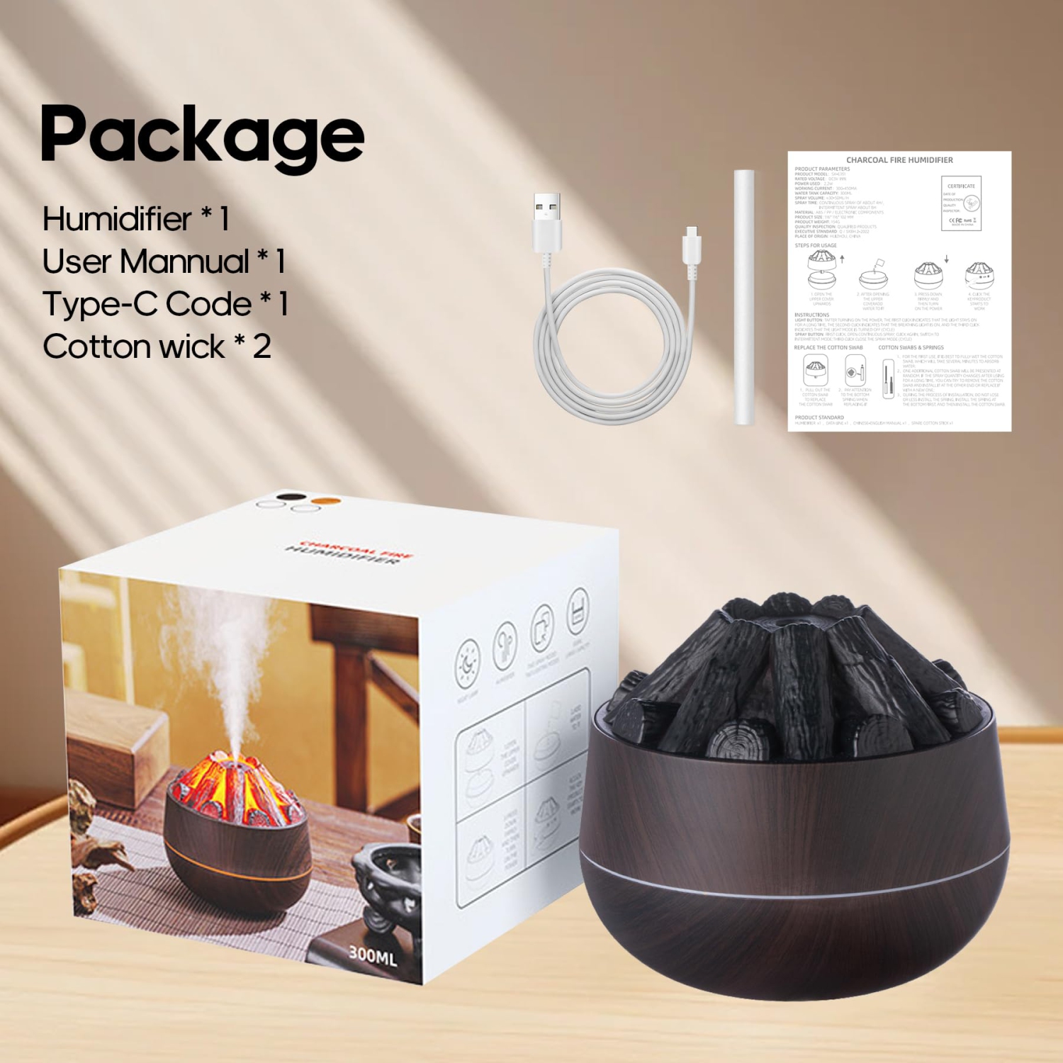 Flame Diffuser Humidifier, 300ml Silent Mini Aromatherapy Diffuser, Portable Humidifier for Home, Office, or Gym