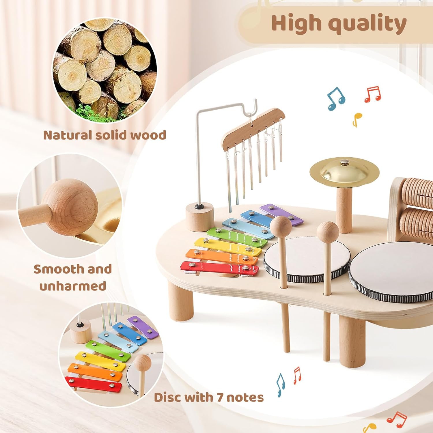 Wooden Baby Musical Instruments Set - Toddler Drum Kit with Xylophone, Wind Chimes and Rattles, Early Childhood Development Educational Toys,