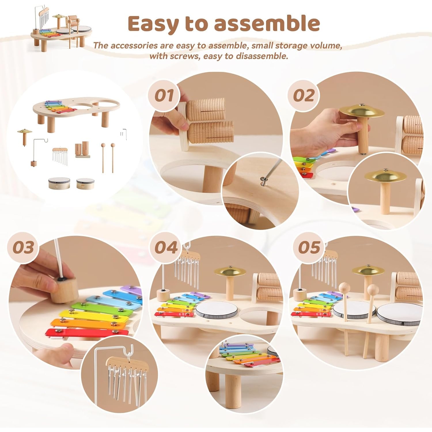 Wooden Baby Musical Instruments Set - Toddler Drum Kit with Xylophone, Wind Chimes and Rattles, Early Childhood Development Educational Toys,