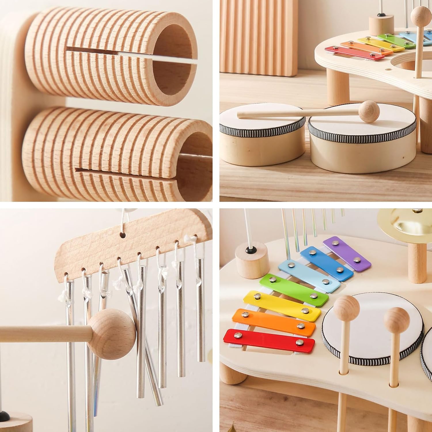 Wooden Baby Musical Instruments Set - Toddler Drum Kit with Xylophone, Wind Chimes and Rattles, Early Childhood Development Educational Toys,