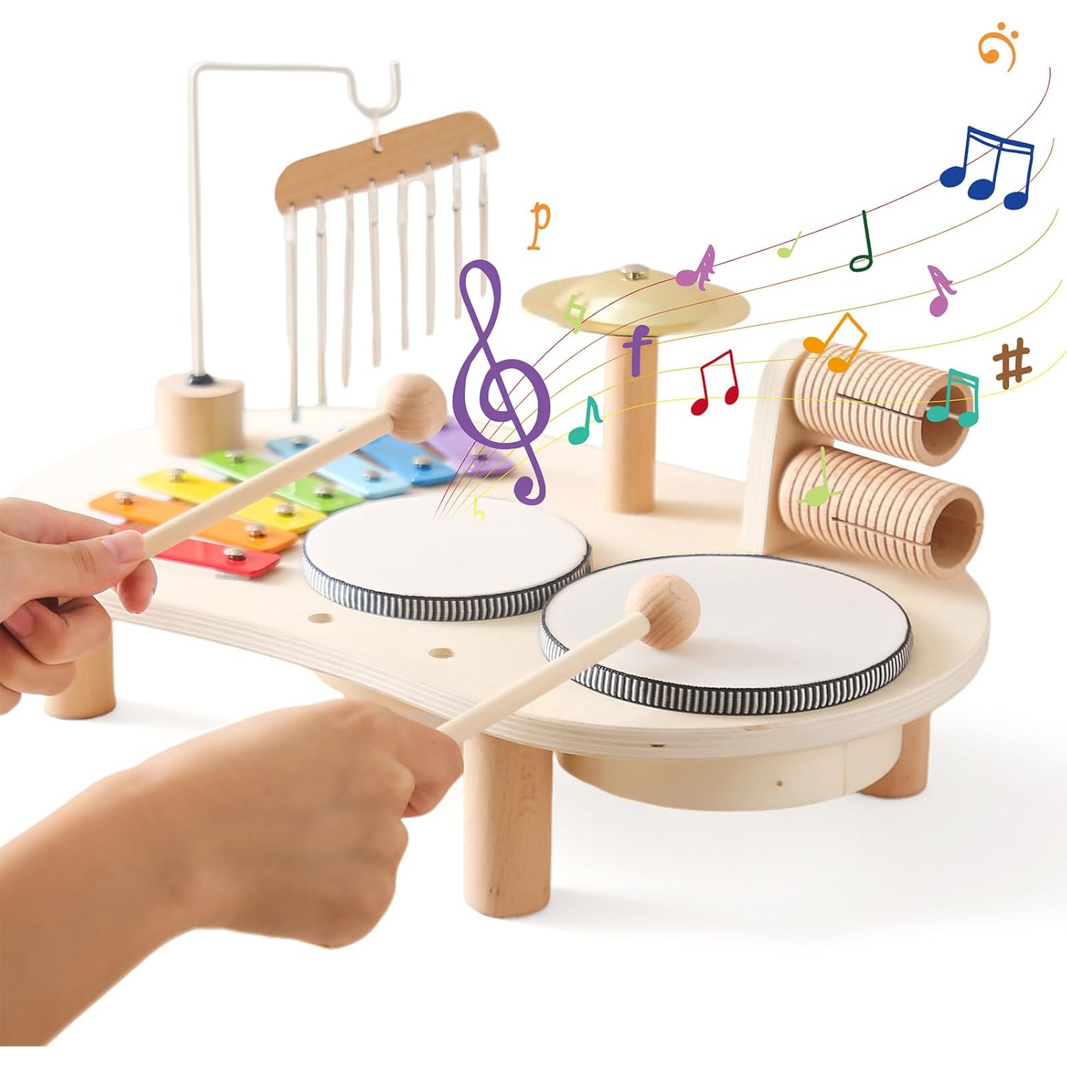 Wooden Baby Musical Instruments Set - Toddler Drum Kit with Xylophone, Wind Chimes and Rattles, Early Childhood Development Educational Toys,