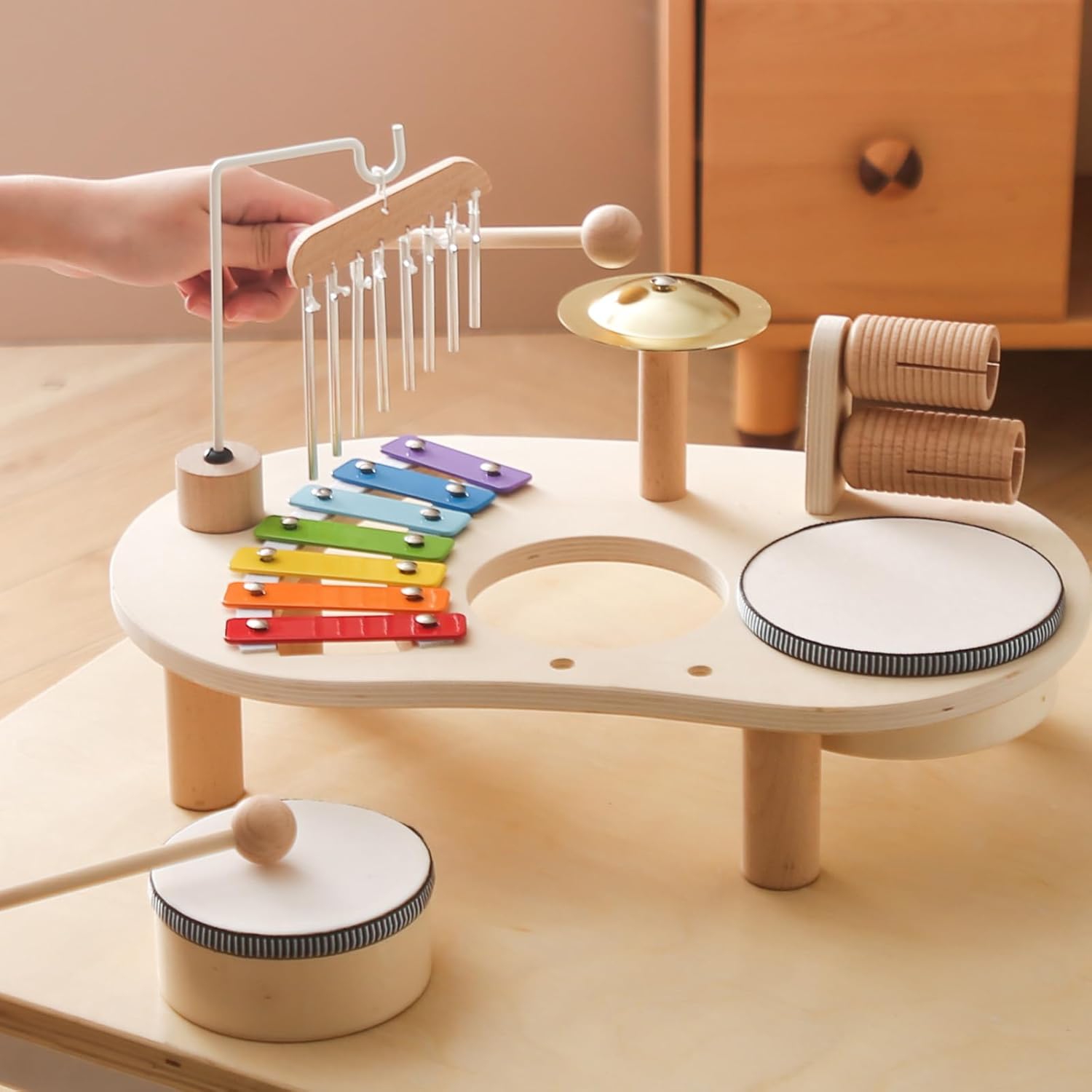 Wooden Baby Musical Instruments Set - Toddler Drum Kit with Xylophone, Wind Chimes and Rattles, Early Childhood Development Educational Toys,