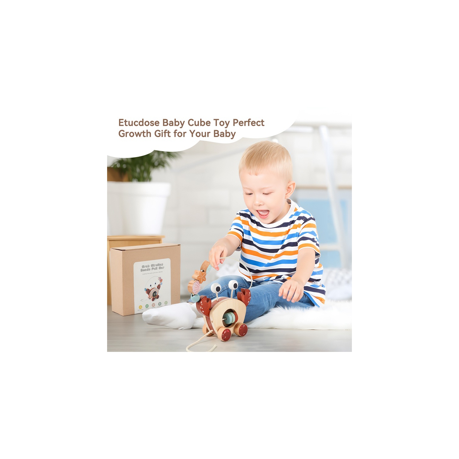 Educational wooden pull toys - Crab bead car, infant hand-eye coordination training, environmentally friendly wooden bead pull car, baby crawling