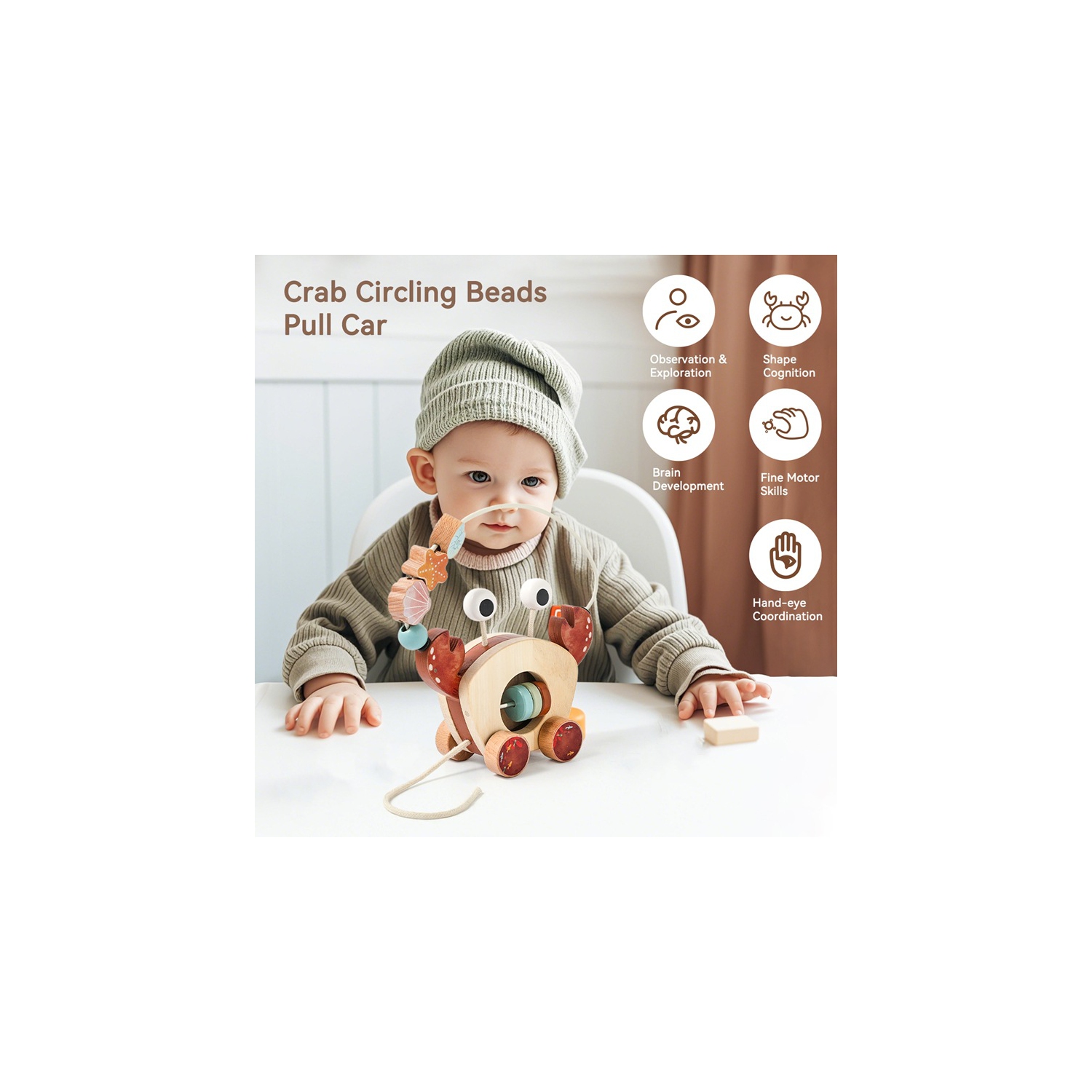 Educational wooden pull toys - Crab bead car, infant hand-eye coordination training, environmentally friendly wooden bead pull car, baby crawling