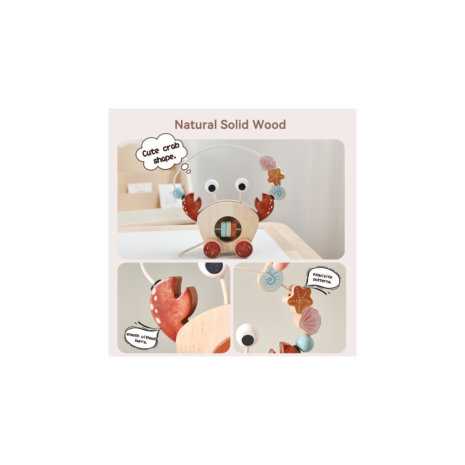 Educational wooden pull toys - Crab bead car, infant hand-eye coordination training, environmentally friendly wooden bead pull car, baby crawling