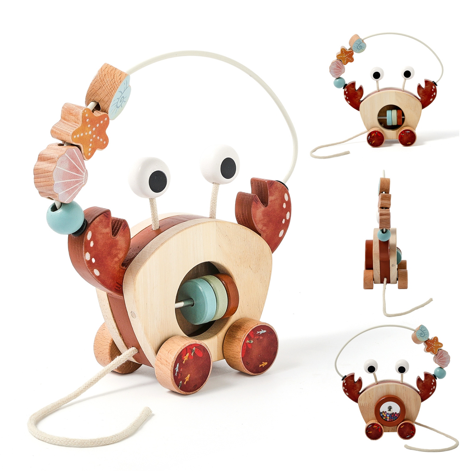 Educational wooden pull toys - Crab bead car, infant hand-eye coordination training, environmentally friendly wooden bead pull car, baby crawling
