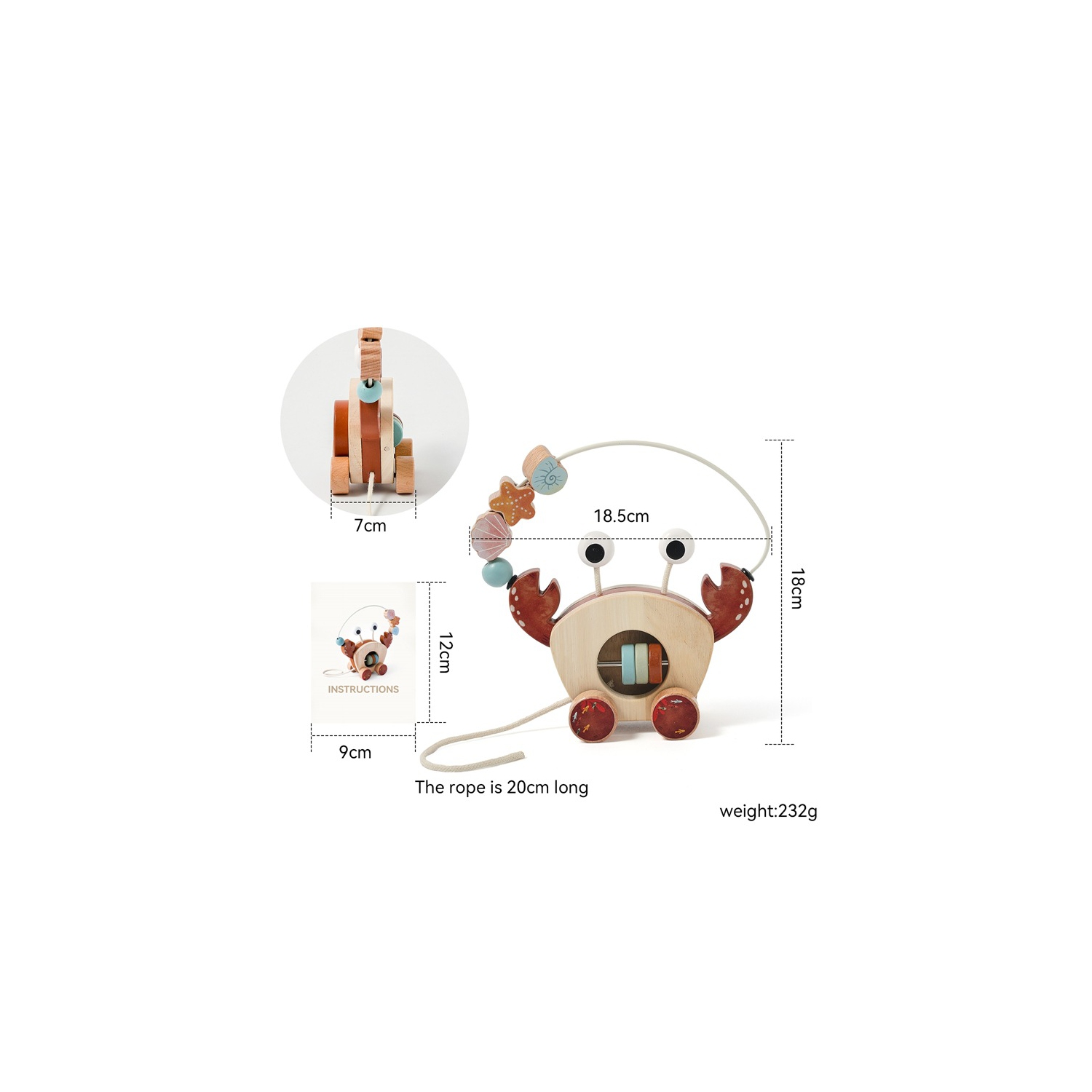 Educational wooden pull toys - Crab bead car, infant hand-eye coordination training, environmentally friendly wooden bead pull car, baby crawling