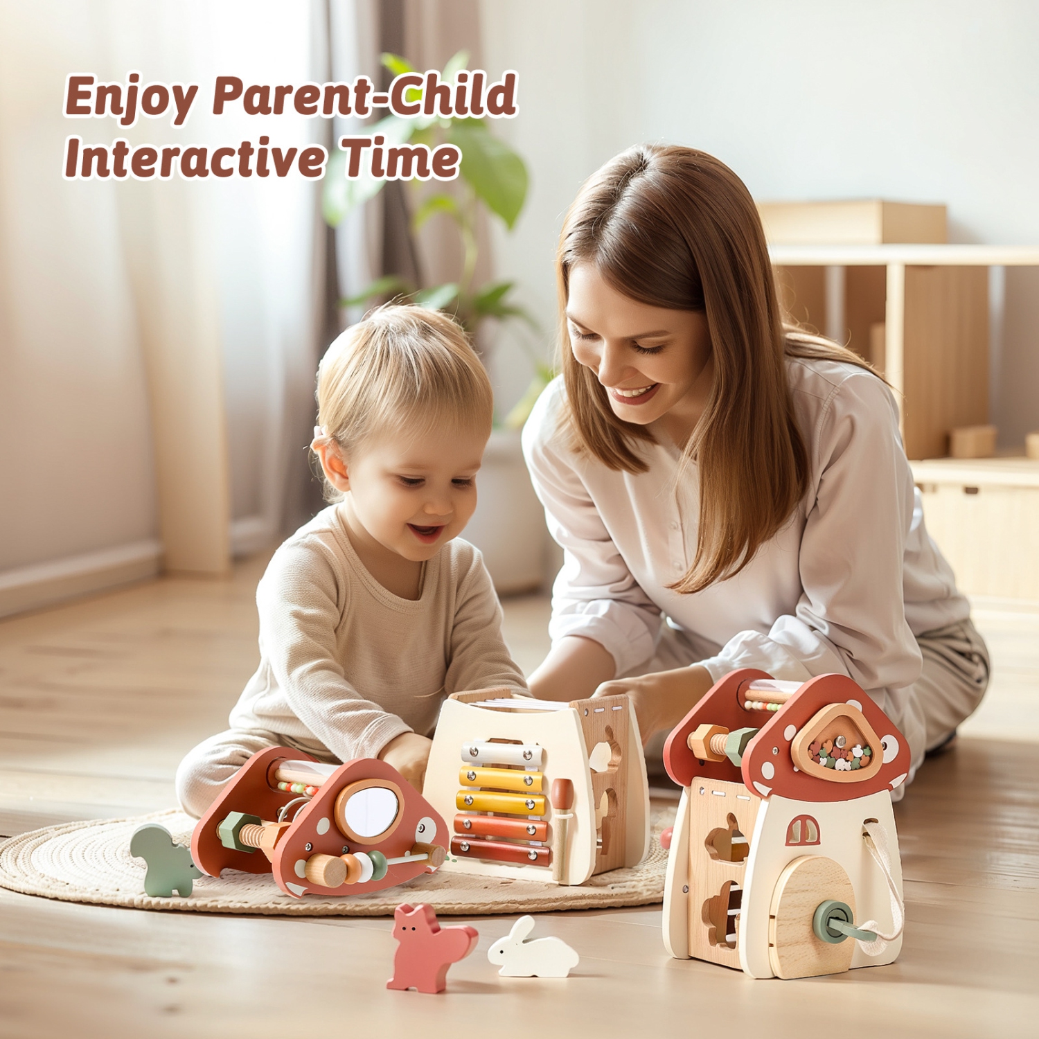 Children's educational mushroom five-in-one toy shape matching knocking strings jewelry treasure practice unlocking door opening toys, children's