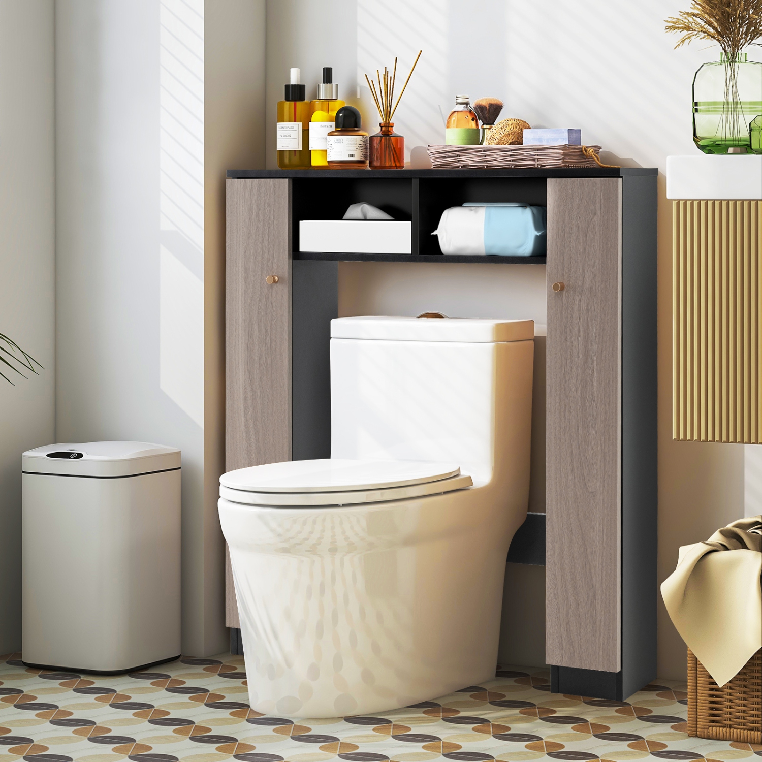Freestanding Over Toilet Storage with 2 Open Cubes and 4 Adjustable Shelves