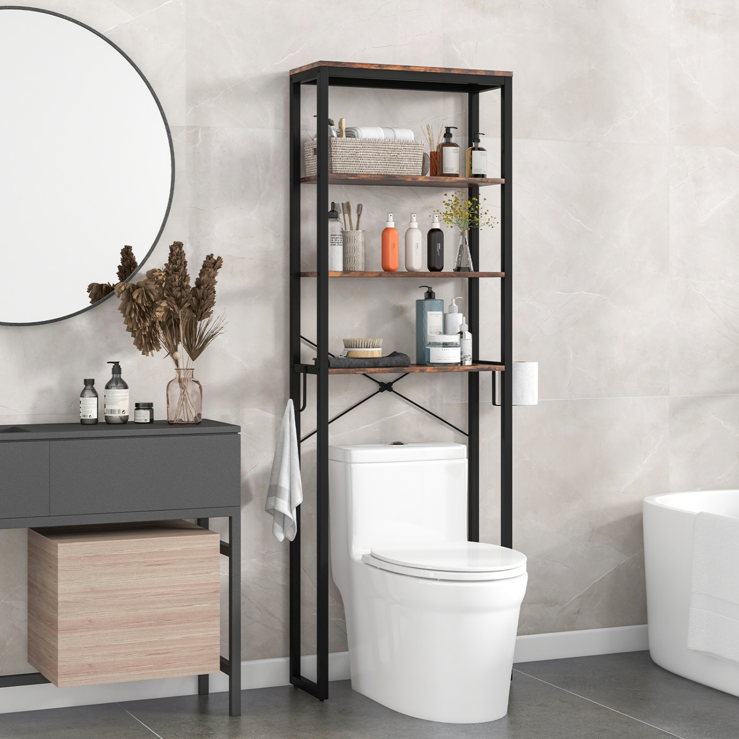 Freestanding 4-Tier Bathroom Storage Rack with Adjustable Metal Shelves