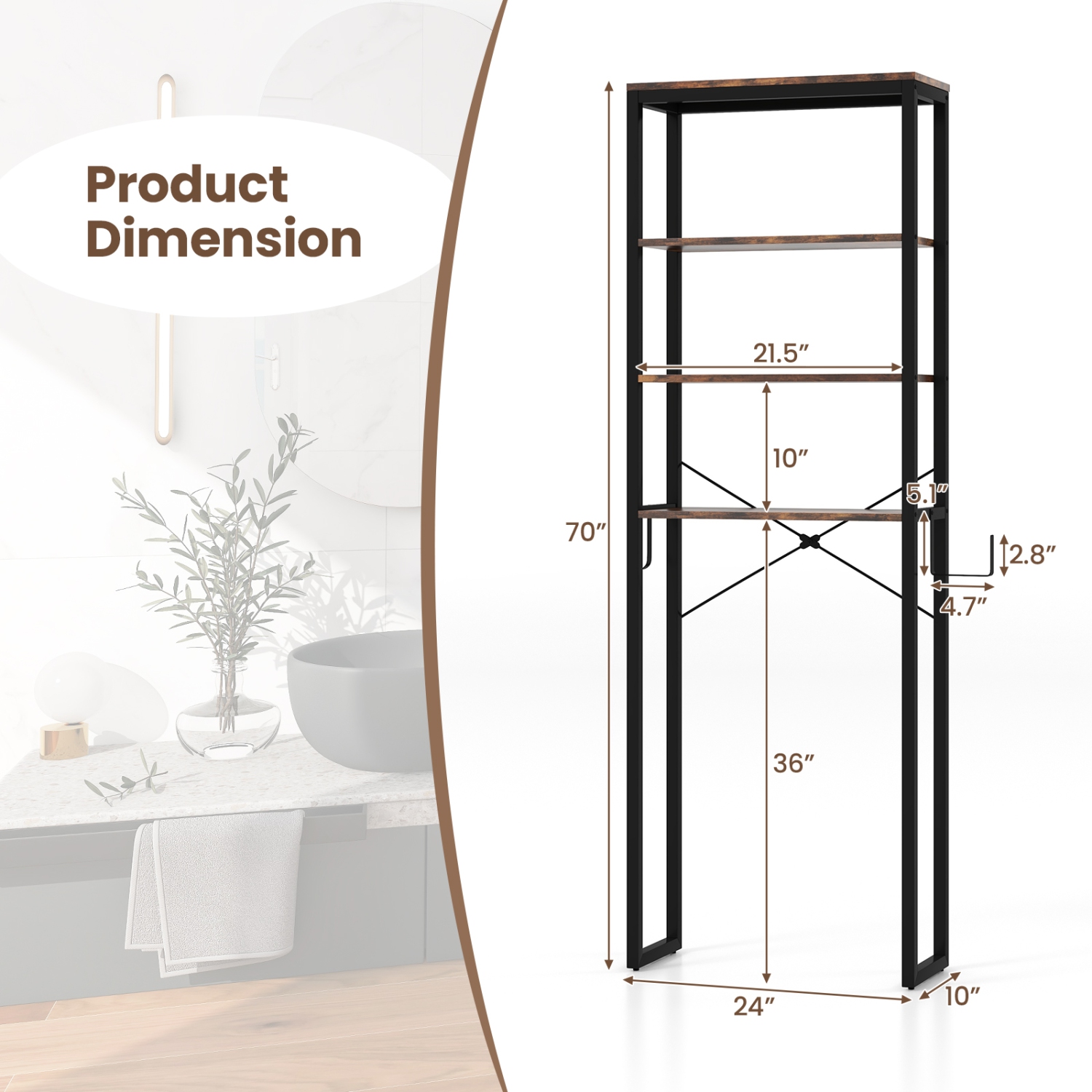 Freestanding 4-Tier Bathroom Storage Rack with Adjustable Metal Shelves