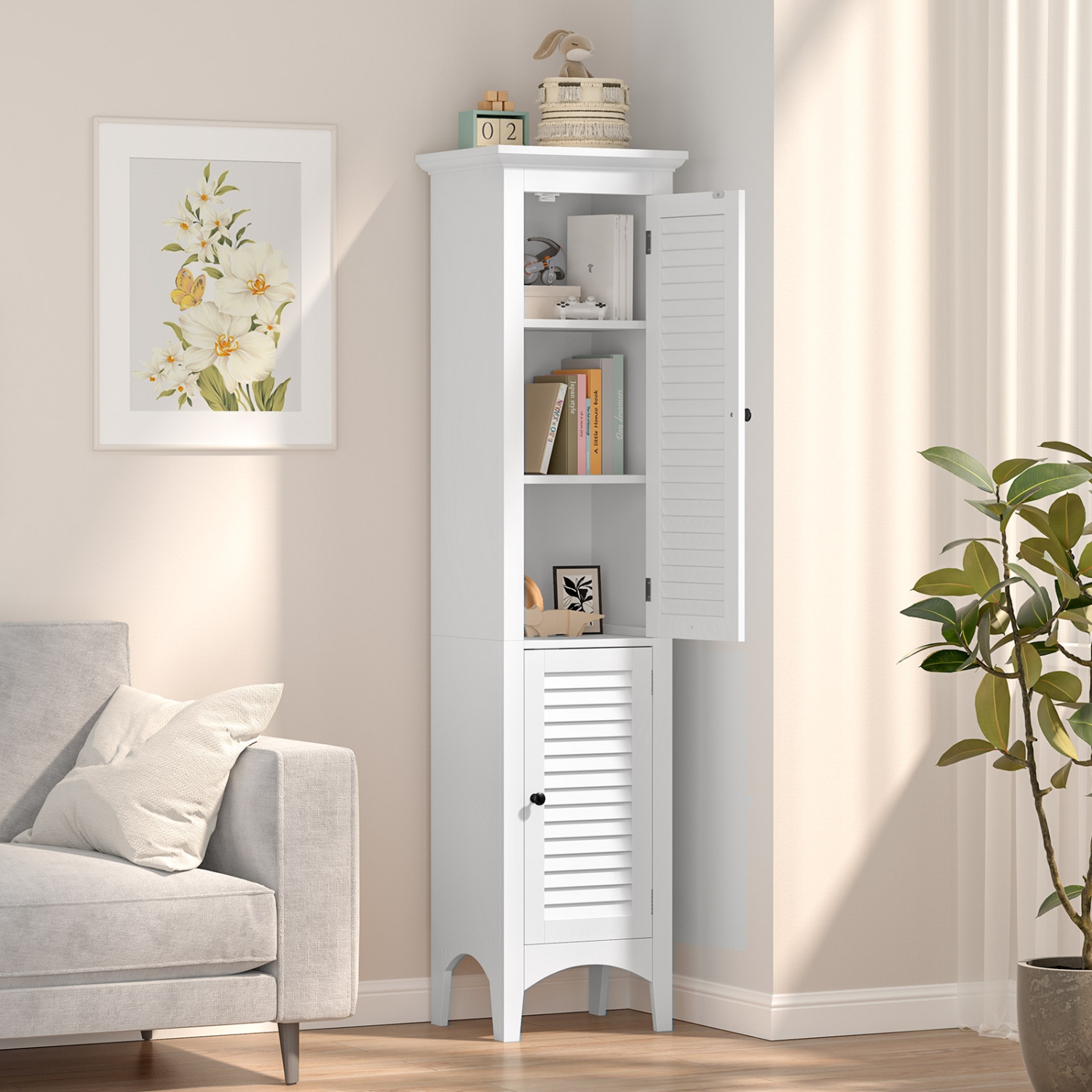 Tall Bathroom Floor Cabinet with Shutter Doors and Adjustable Interior Shelf