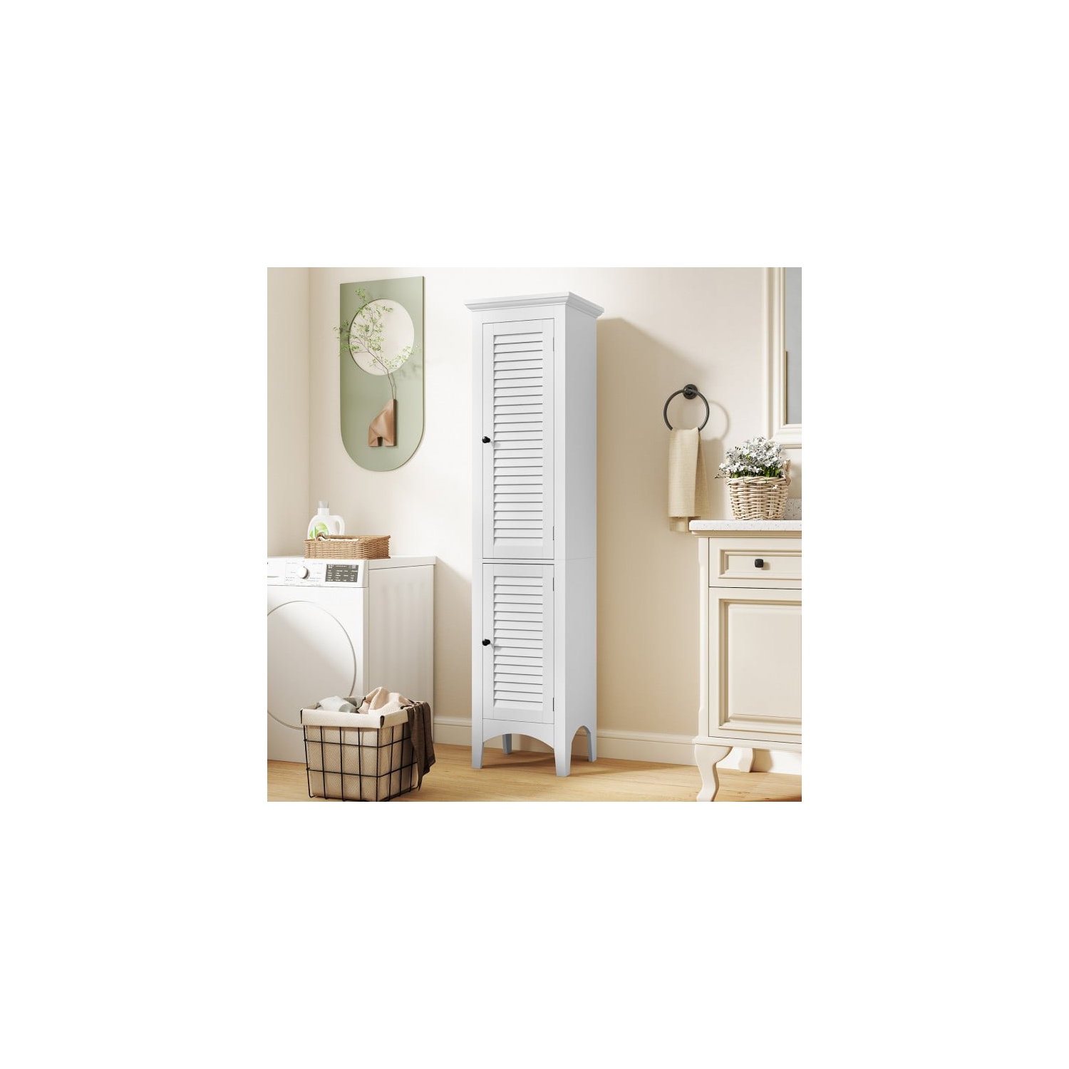 Tall Bathroom Floor Cabinet with Shutter Doors and Adjustable Interior Shelf