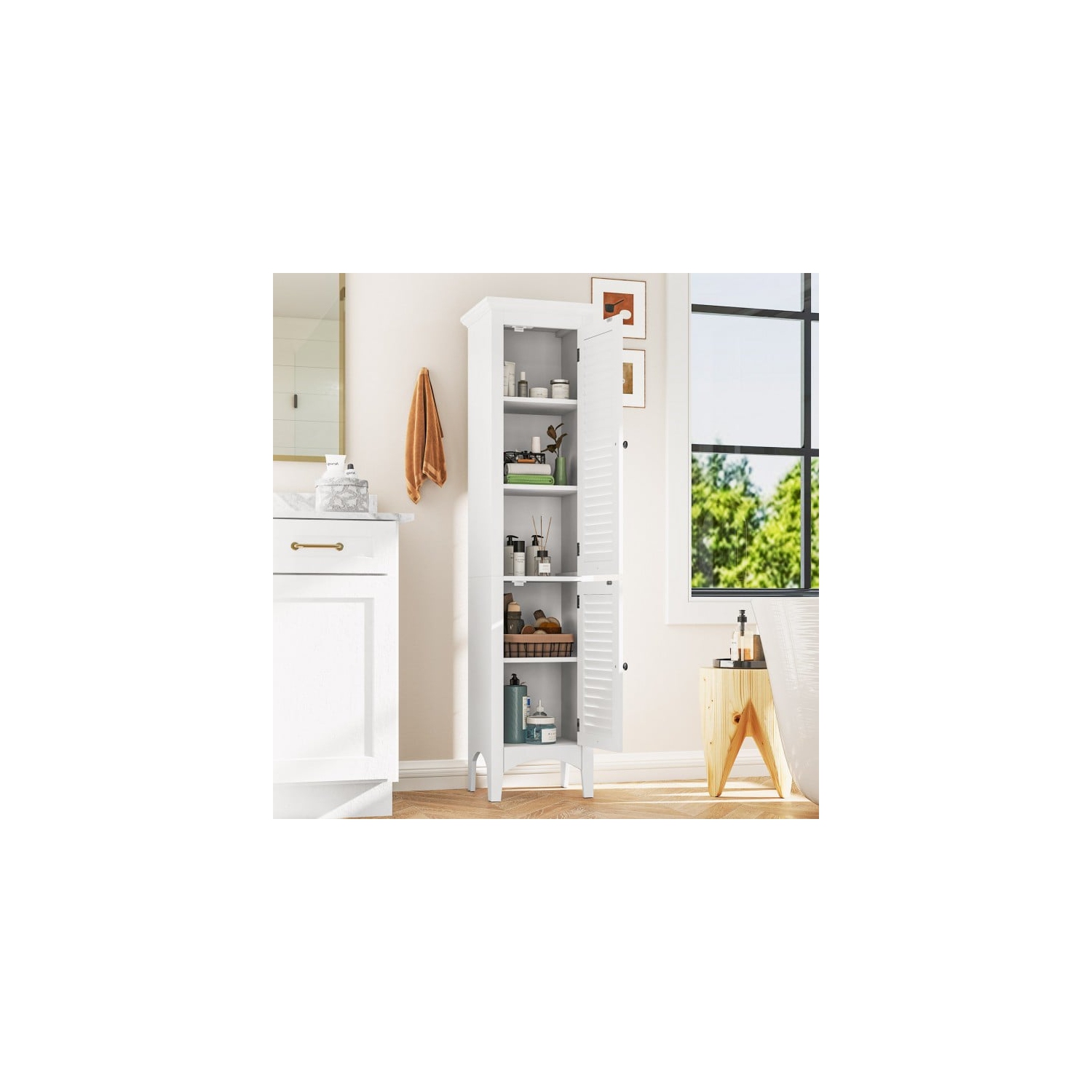 Tall Bathroom Floor Cabinet with Shutter Doors and Adjustable Interior Shelf