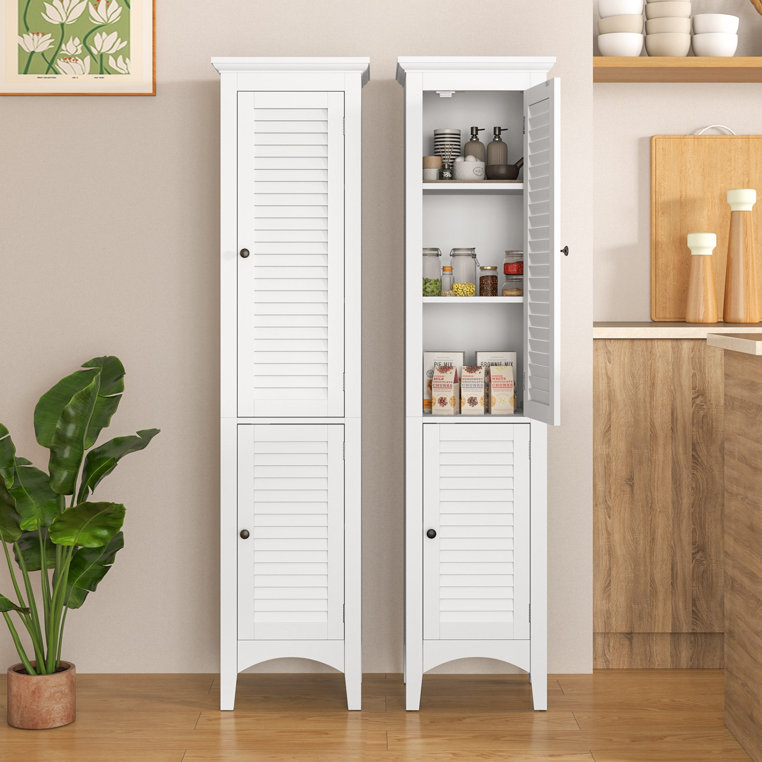 Tall Bathroom Floor Cabinet with Shutter Doors and Adjustable Interior Shelf