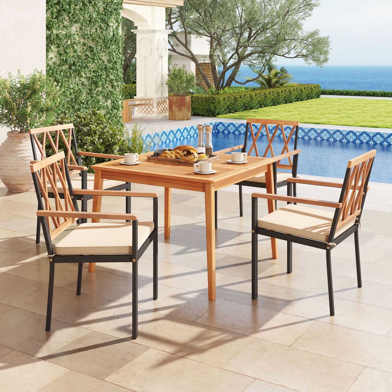 5-Piece Wooden Patio Dining Set with Acacia Table and Umbrella Hole for Backyard